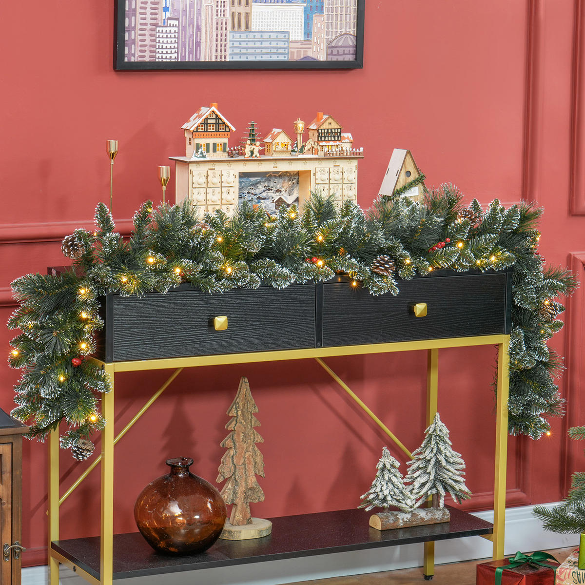 1,8 m künstliche Weihnachtsgirlande mit Lichterkette Blumendekoration Grün - Grün, Kunststoff/Metall (180cm) - HOMCOM