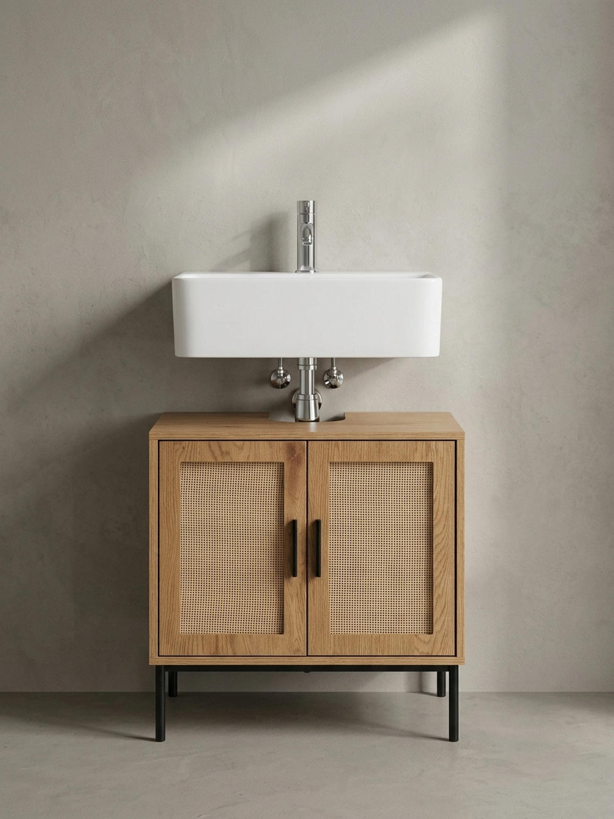 WASCHBECKENUNTERSCHRANK Eiche-Optik 60x60x40 cm mit Türen und Rattangeflecht - Schwarz/Braun, Holzwerkstoff/Metall (60/60/40cm) - KADIMA DESIGN
