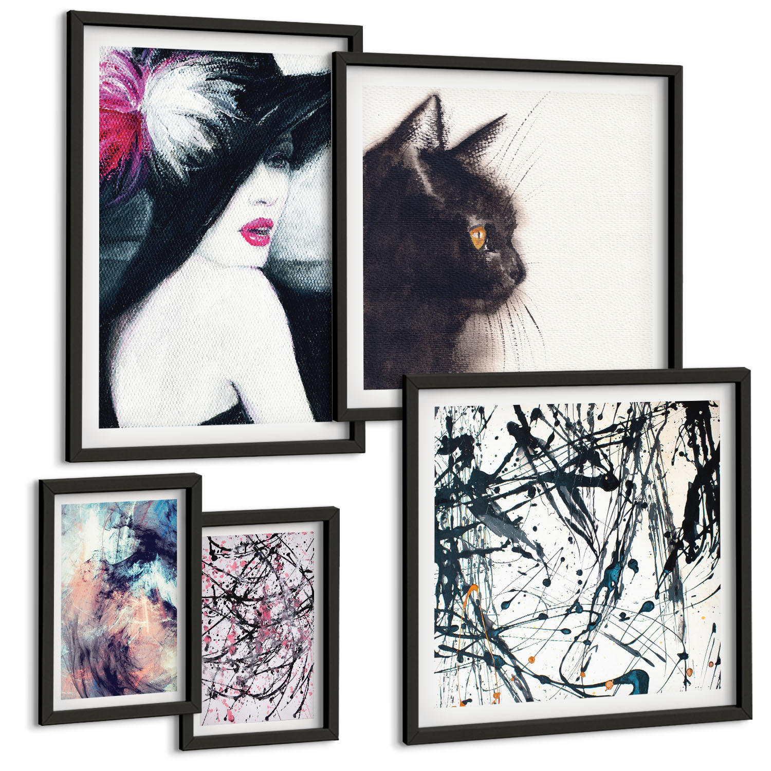 BILDER SET 5er Set - 50x50 cm & 20x30 cm & 40x60 cm Schwarzer Rahmen - Hintergrundmuster mit Pastellblumen - Schwarz, Kunststoff (40/60cm) - TULUP