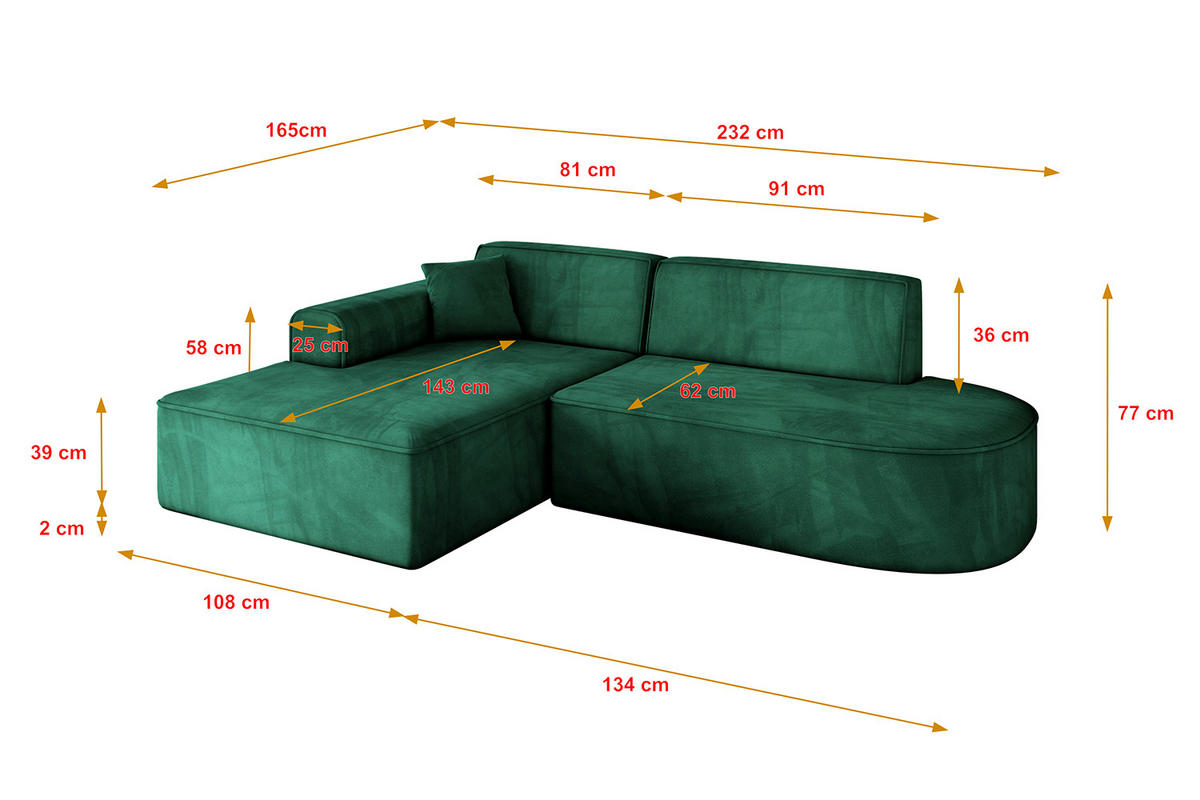 ECKSOFA Ottomane Links IREA-L1-v3 - 232x165x77 cm Grün - Dunkelgrün, Holzwerkstoff/Textil (232/165cm) - ALTDECOR