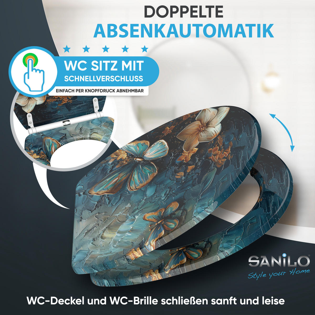 WC-SITZ mit Absenkautomatik & Top Fix Mariposa - Blau, Holzwerkstoff (37.7/5.5/48cm) - Sanilo