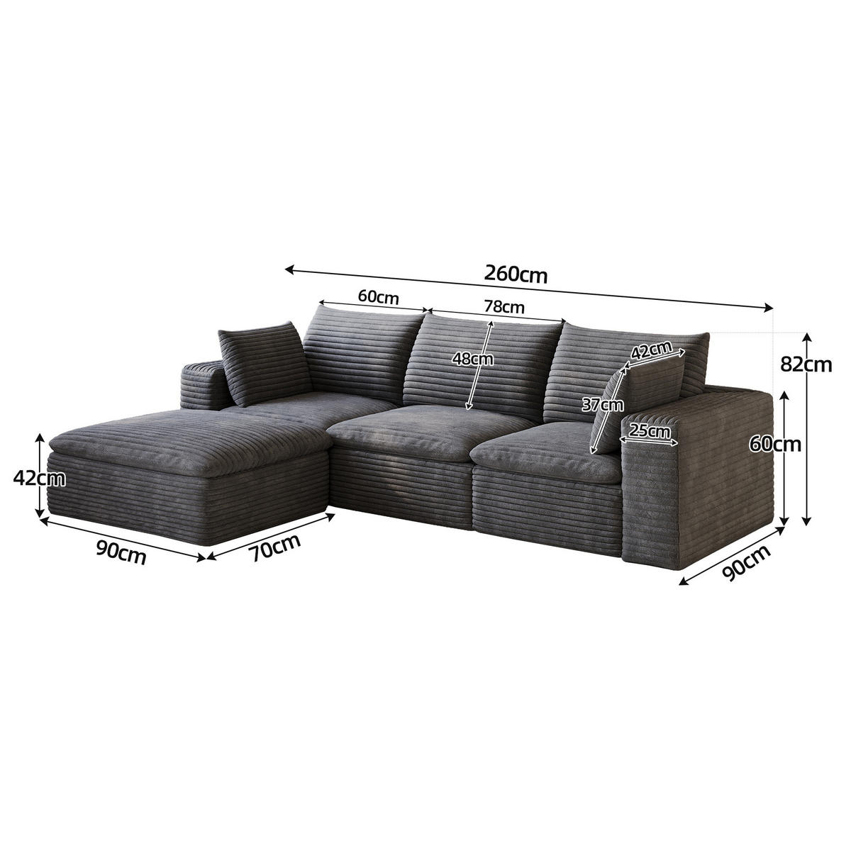 ECKSOFA aus Stoff 260 cm Dunkelgrau ohne Montage mit abnehmbarer Polsterung und flexiblen Modulen - Dunkelgrau, Textil (260/160cm) - Modfu