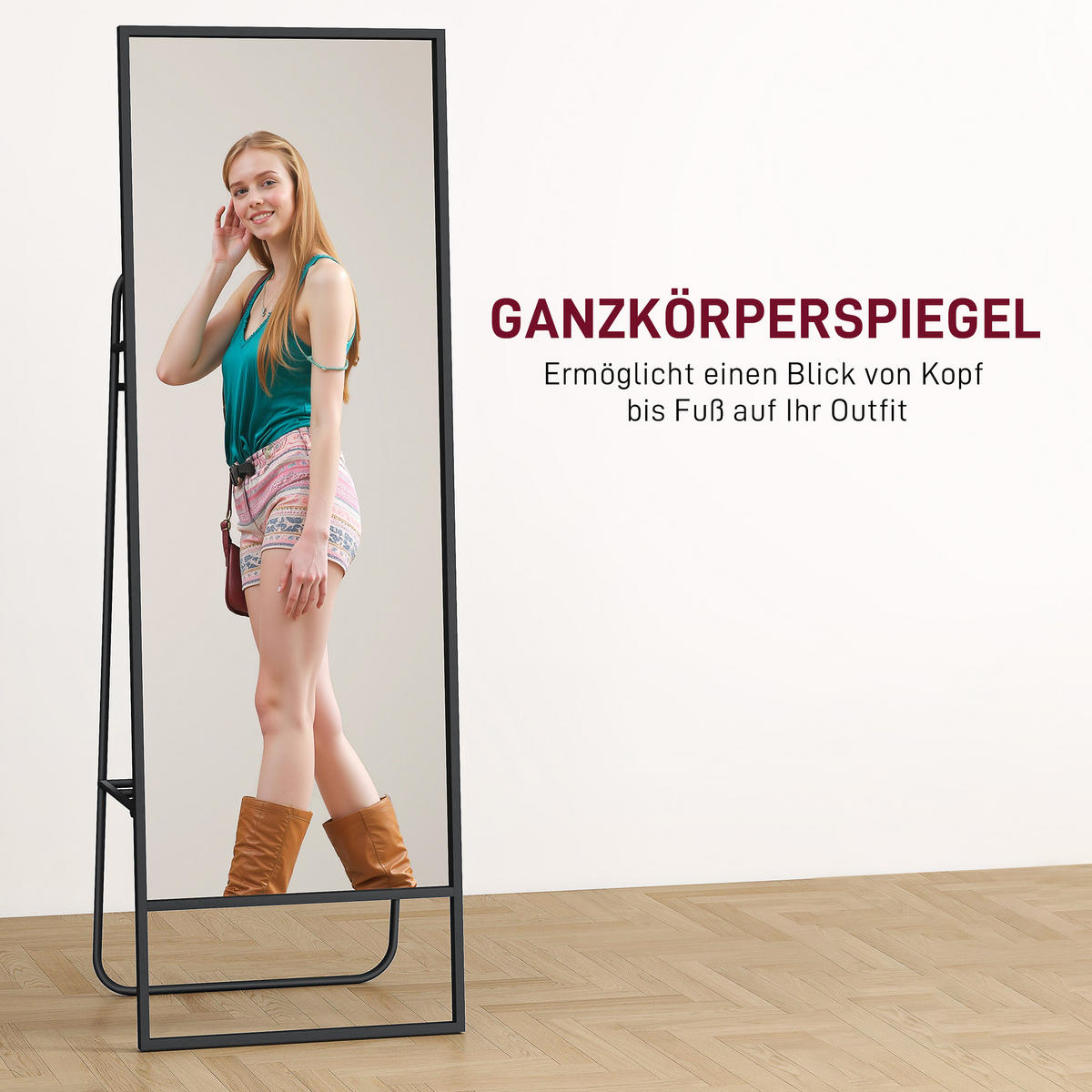 GANZKÖRPERSPIEGEL 157 x 50 cm Rechteckig Standspiegel mit Regal, 2 Haken Schwarz - Schwarz, Metall (38/157/50cm) - HOMCOM