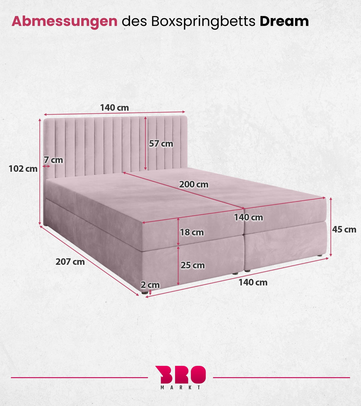 BOXBETT Dream mit Topper 140/200 Rosa - Rosa, Holzwerkstoff/Textil (140/200cm) - Bromarkt
