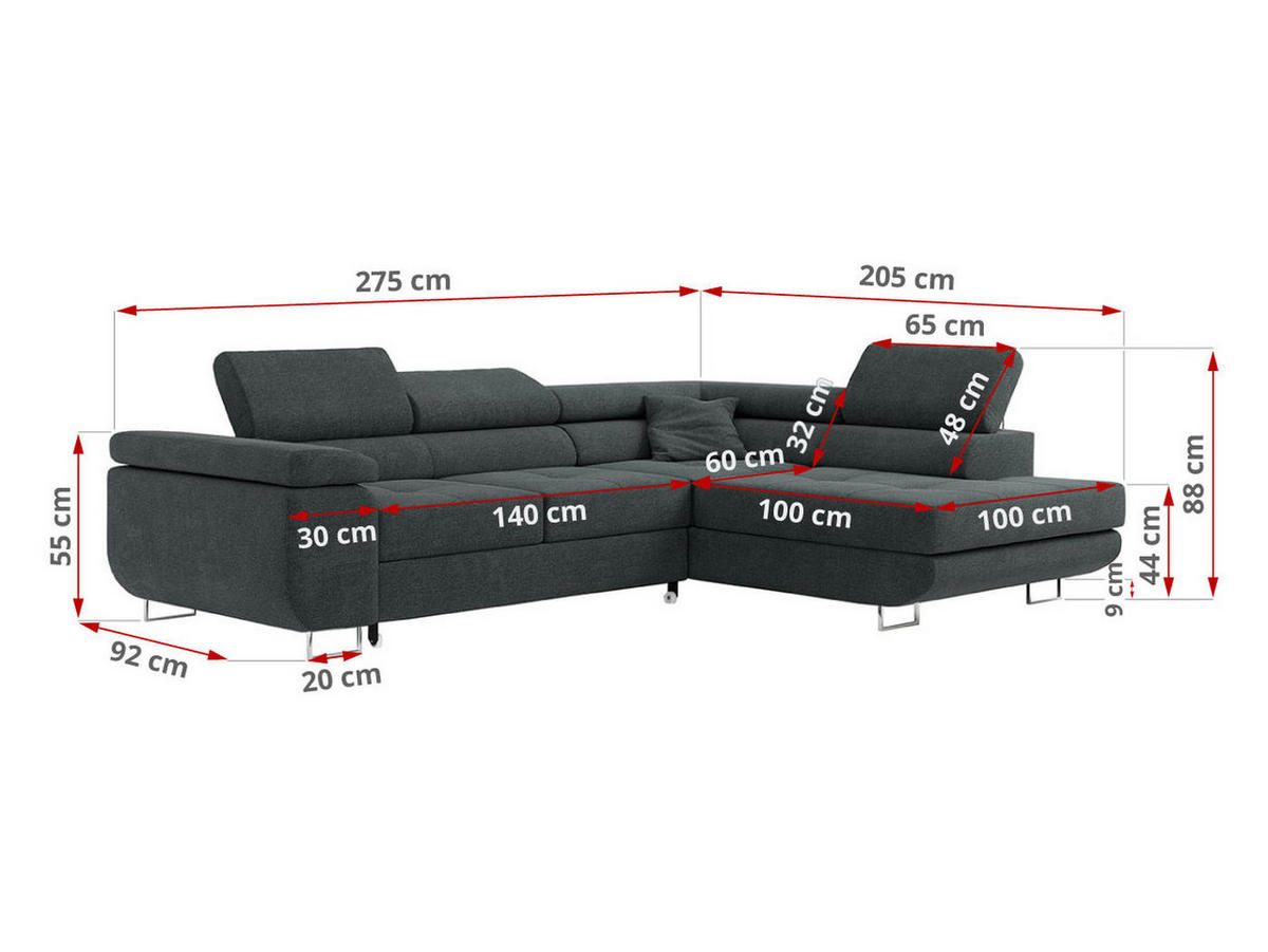 ROHOVÁ SEDAČKA GUSTAW L - Tmavě šedá Strukturovaná látka - Levá Strana - stříbrná/tmavě šedá, kov/textil (275/205cm) - MKS
