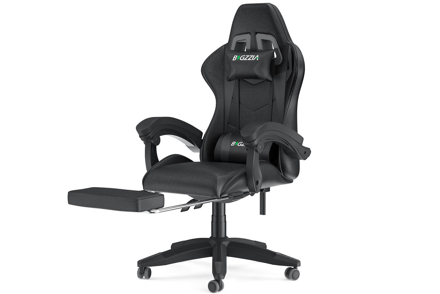 GAMING-STUHL höhenverstellbar, Fußstütze, Lendenkissen – Schwarz - Schwarz, Leder (50/134/50cm) - Rattantree