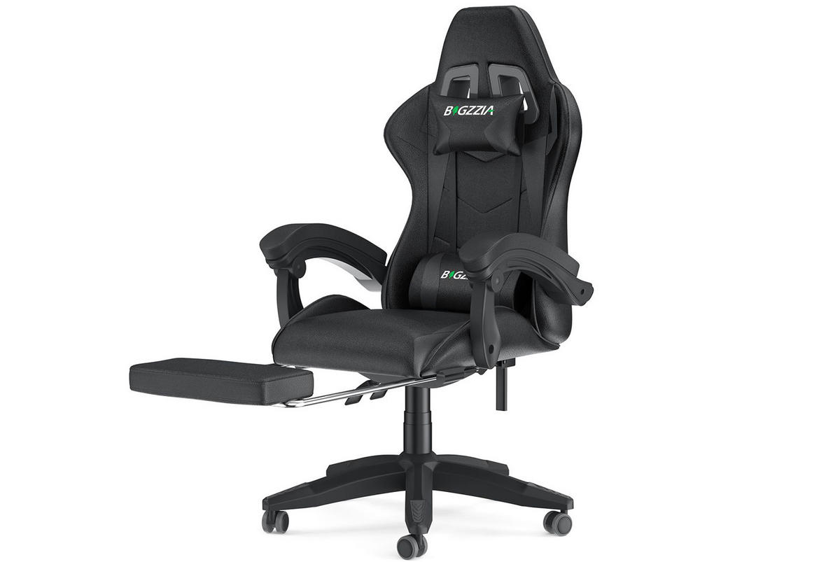GAMING-STUHL höhenverstellbar, Fußstütze, Lendenkissen – Schwarz - Schwarz, Leder (50/134/50cm) - Rattantree