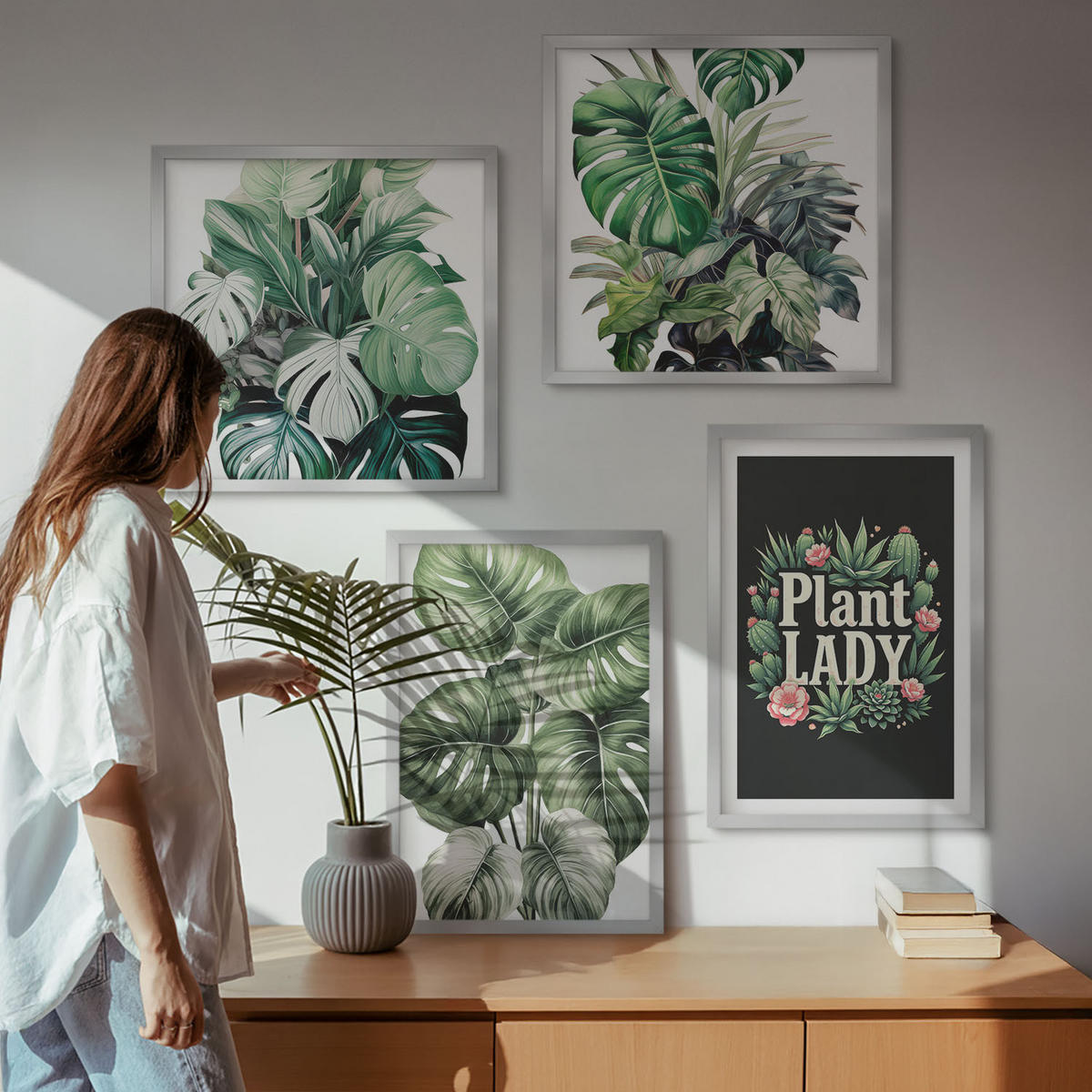 BILDER SET 4er Set - 50x50 cm & 40x60 cm Silberner Rahmen - Tropische Pflanzen, Pflanzenliebhaberin - Silberfarben, Kunststoff (50/50cm) - TULUP