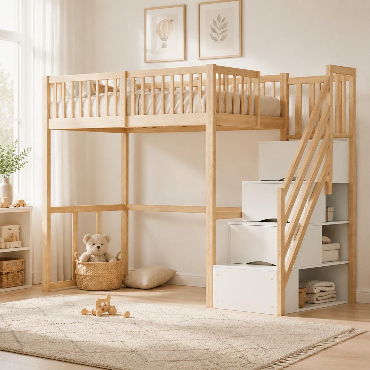 HOCHBETT 90/200 mit Sicherheits-Aufbewahrungsleiter und Lattenrost aus Kiefernholz - Naturfarben, Holzwerkstoff (90/200cm) - EVRYAE