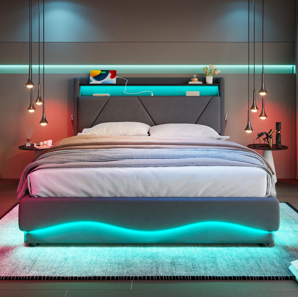 POLSTERBETT 140/200 cm aus Samt mit LED-Kopfteil und Stauraum Dunkelgrau - Dunkelgrau, Textil (140/200cm) - Modenvie
