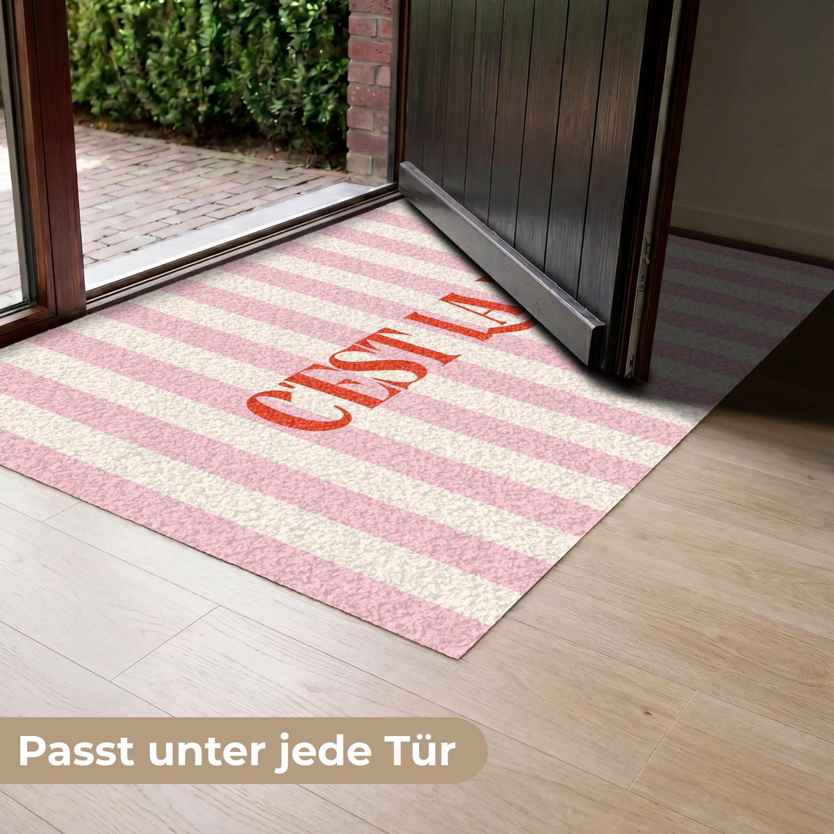 FUSSMATTE Zartrosa – Rot – Streifen – C'est La Vie 120x80 cm - Rosa, Kunststoff (120/0.4cm) - MuchoWow