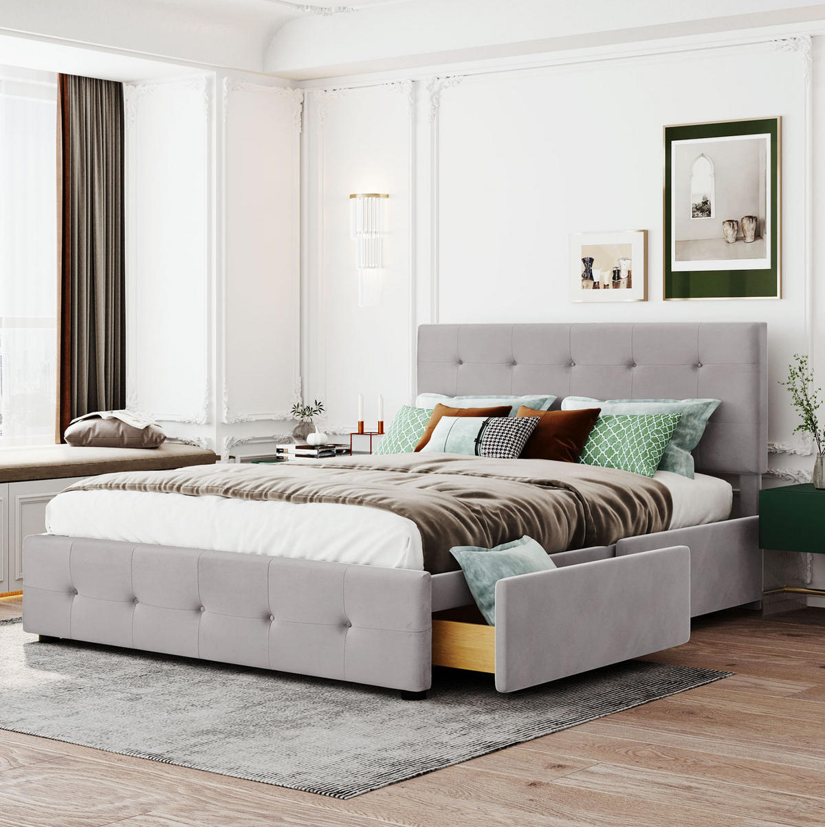 POLSTERBETT 140/200 cm mit 4 Schubladen und gepolstertem Kopfteil in Grau - Grau, Textil (140/200cm) - BEAOK