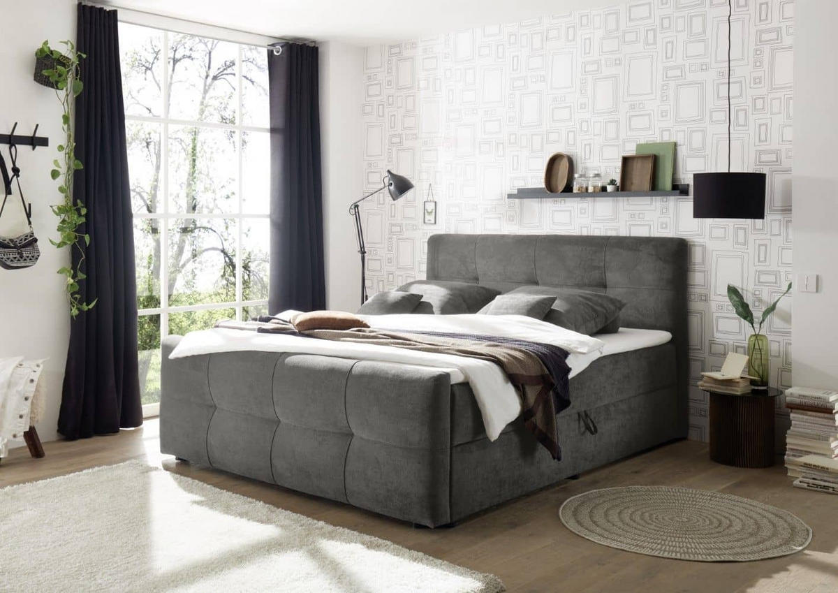 BOXBETT mit 9‑Zonen-Tonnentaschenfederkern-Matratze, HR-30-Topper, Bettkasten - Schwarz/Graphitfarben, Holz/Kunststoff (160/200cm) - ed exciting design