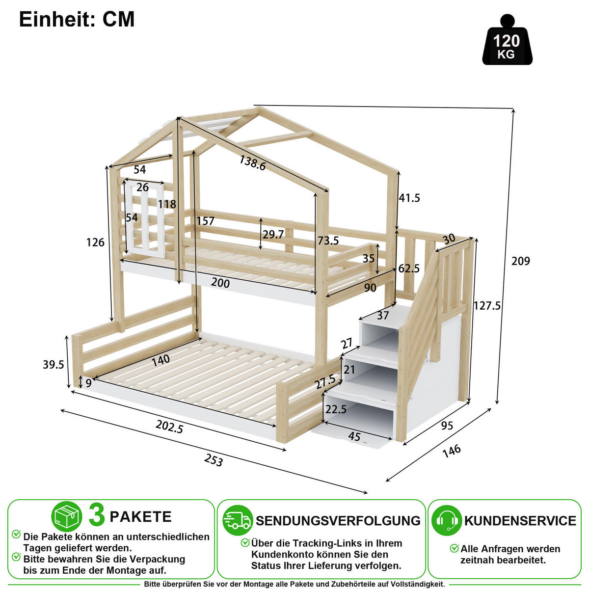 ETAGENBETT 90/200 cm & 140/200 cm in Natur mit Stauraumtreppe, Fenster und Geländer - Naturfarben, Holz/Holzwerkstoff (90/200cm) - CHICFURN