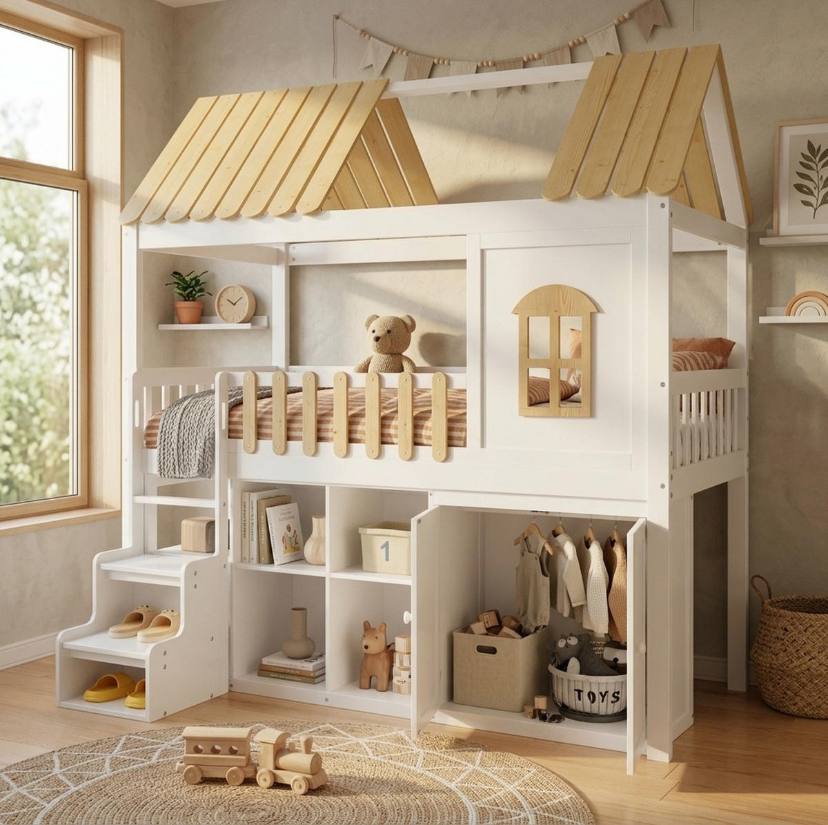 ETAGENBETT 90x200 cm in Weiß/Natur mit Stauraum, Schrank und Treppe - Weiß, Holz (90/200cm) - IVMEU