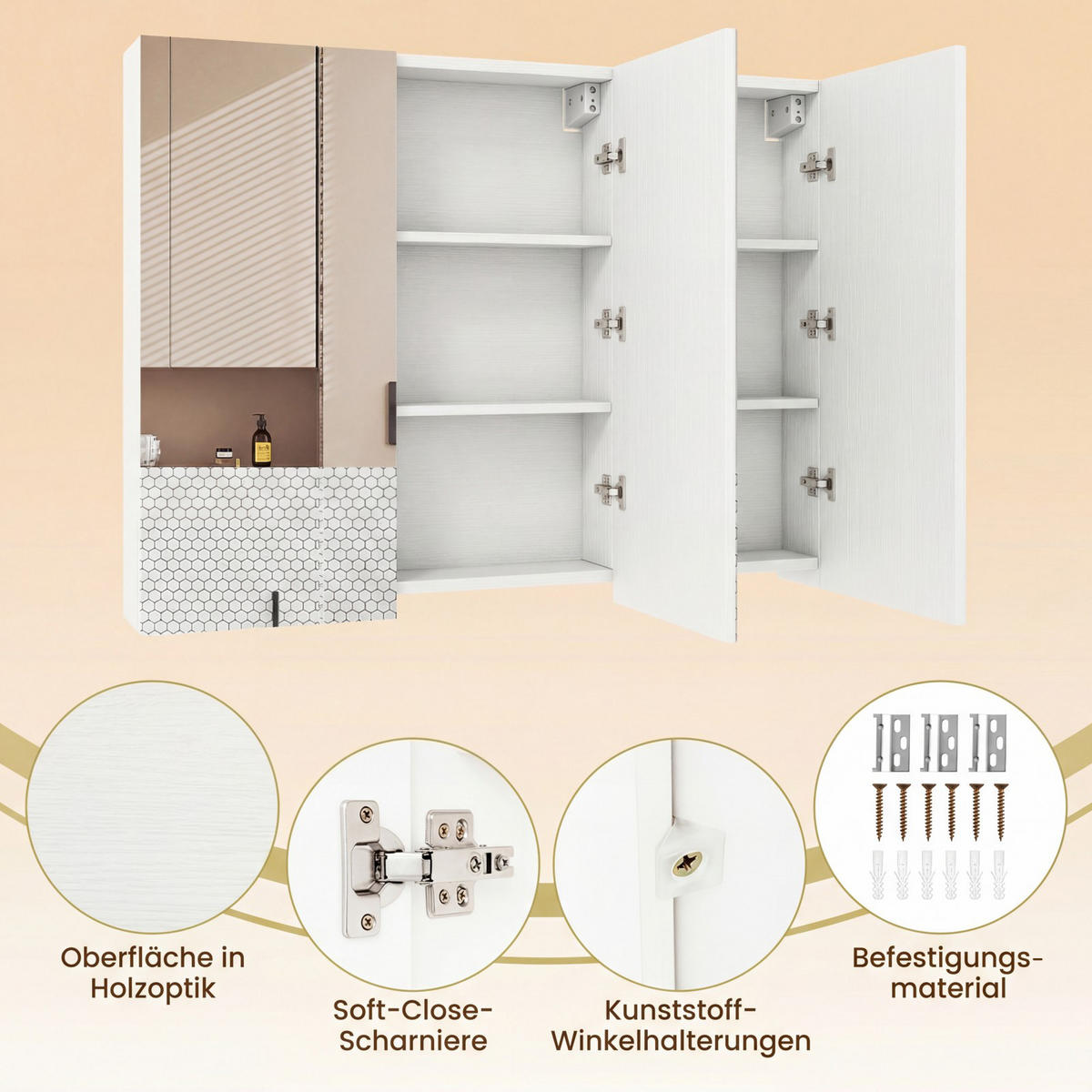 BAD-SPIEGELSCHRANK mit 3 Türen weiß - Weiß, Holzwerkstoff (87/12.5/65cm) - COSTWAY