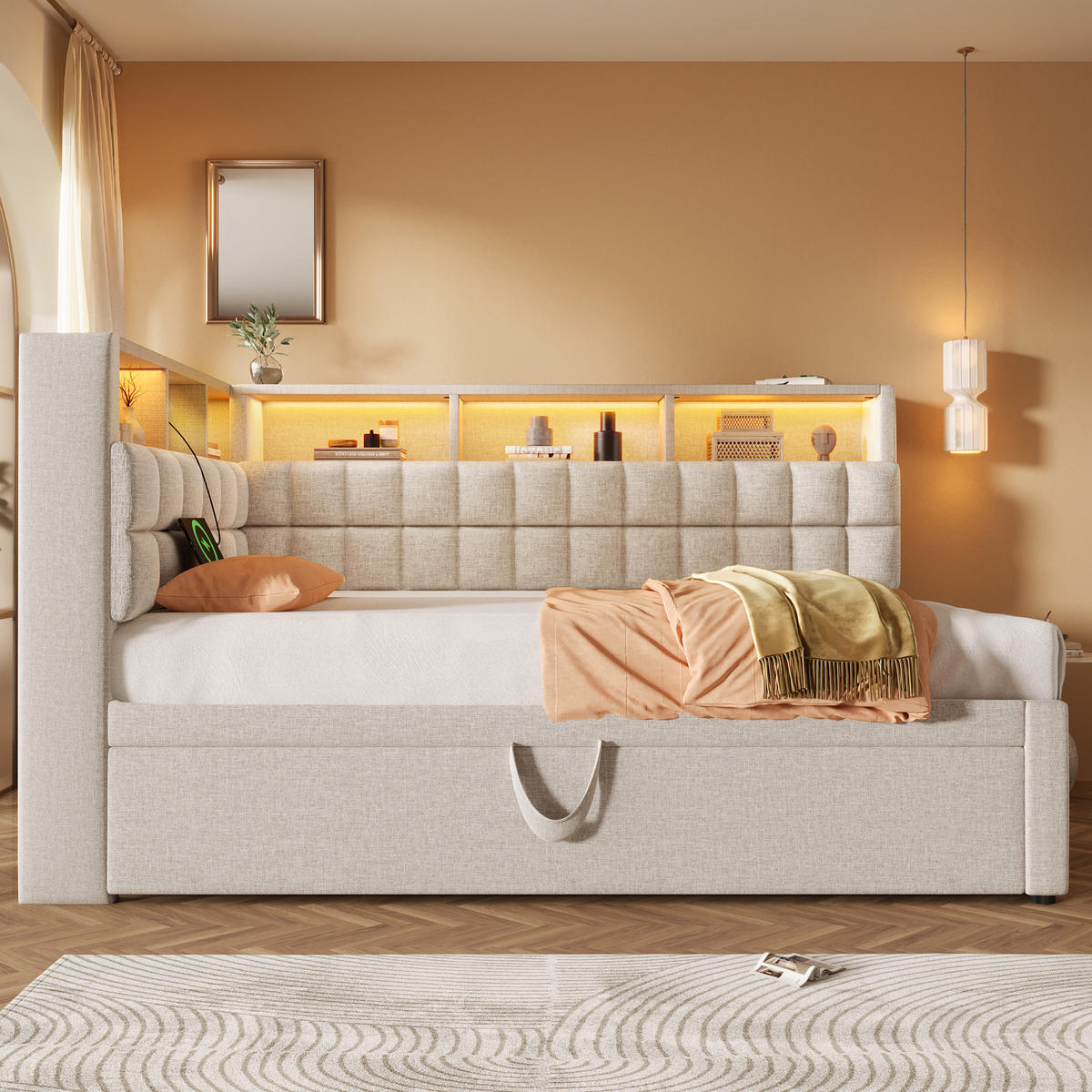 SCHLAFSOFA 90/200 cm & 90/190 cm in Beige Leinen mit Ausziehbett, LED und USB - Beige, Holzwerkstoff/Textil (90/200cm) - WISHDOR
