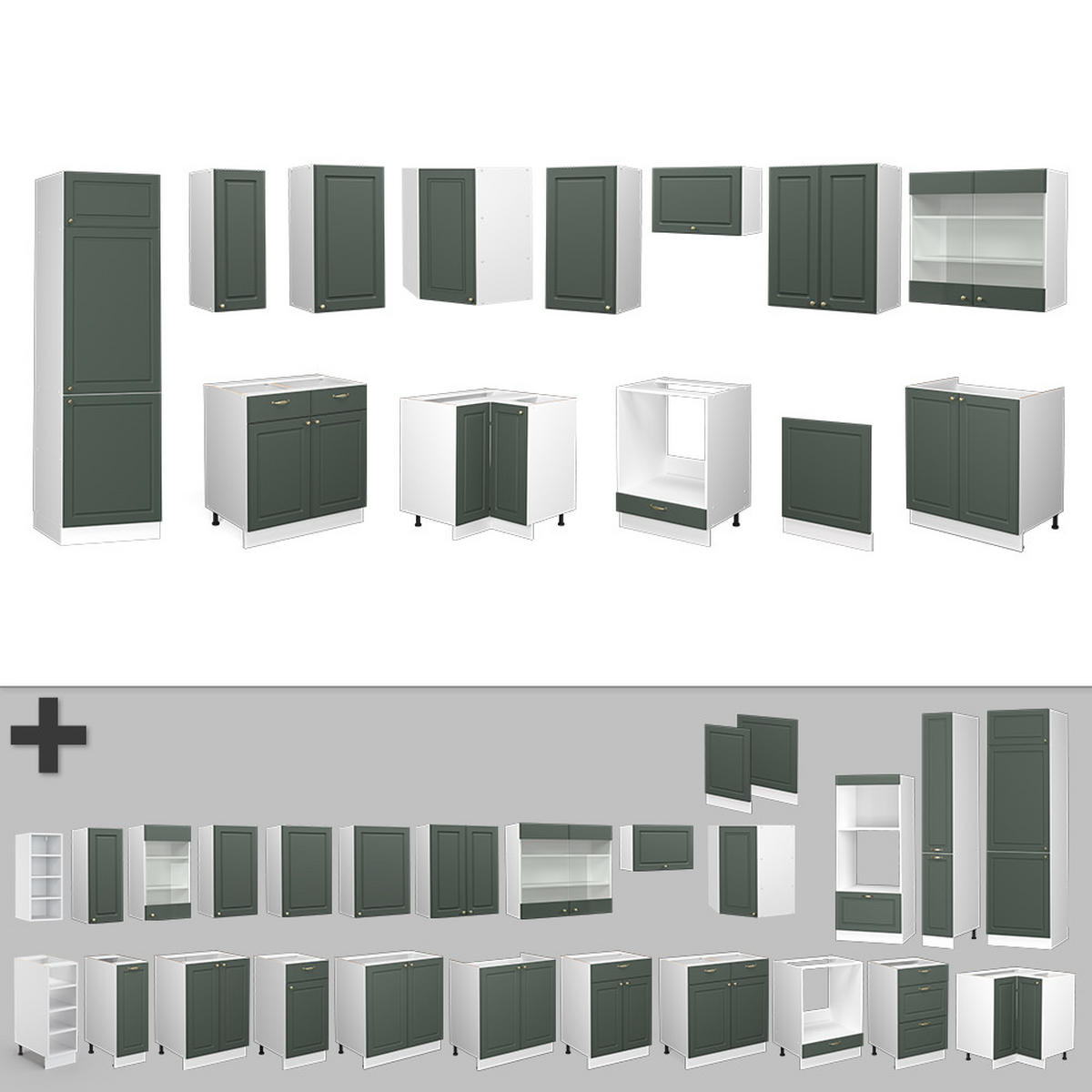 ECKKÜCHE Fame-Line Grün-Gold Landhaus/Weiß 227 x 60 cm ohne AP - Weiß/Grün, Holzwerkstoff (287/81.6/46cm) - Vicco