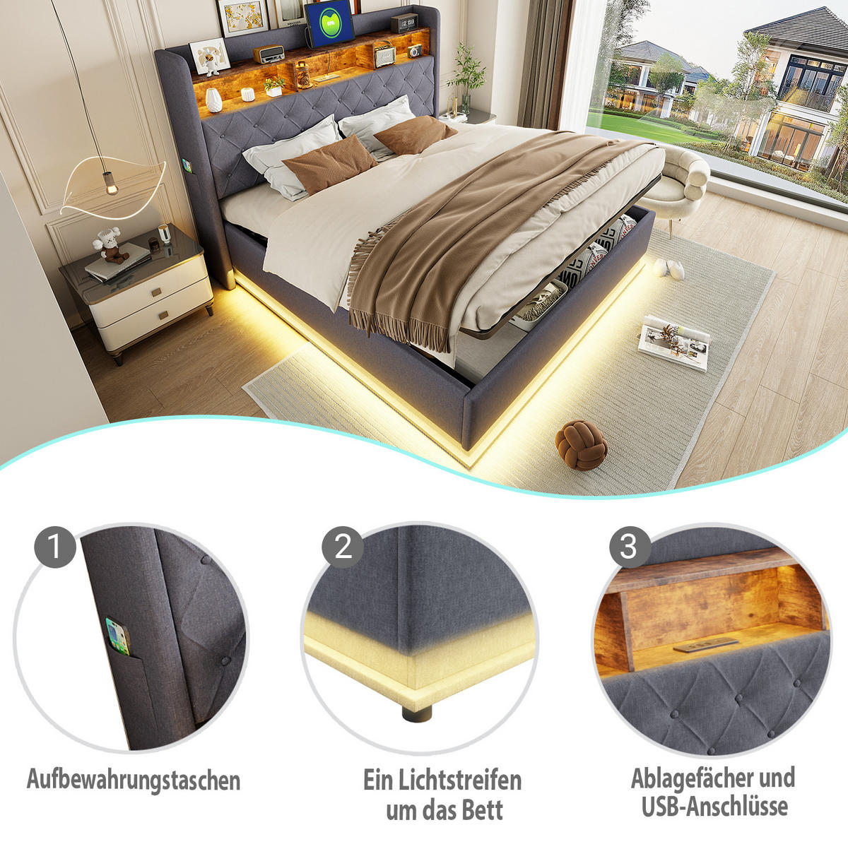 POLSTERBETT mit LED und Stauraum 180x200 cm Grau - Grau, Metall (180/200cm) - Meubliv