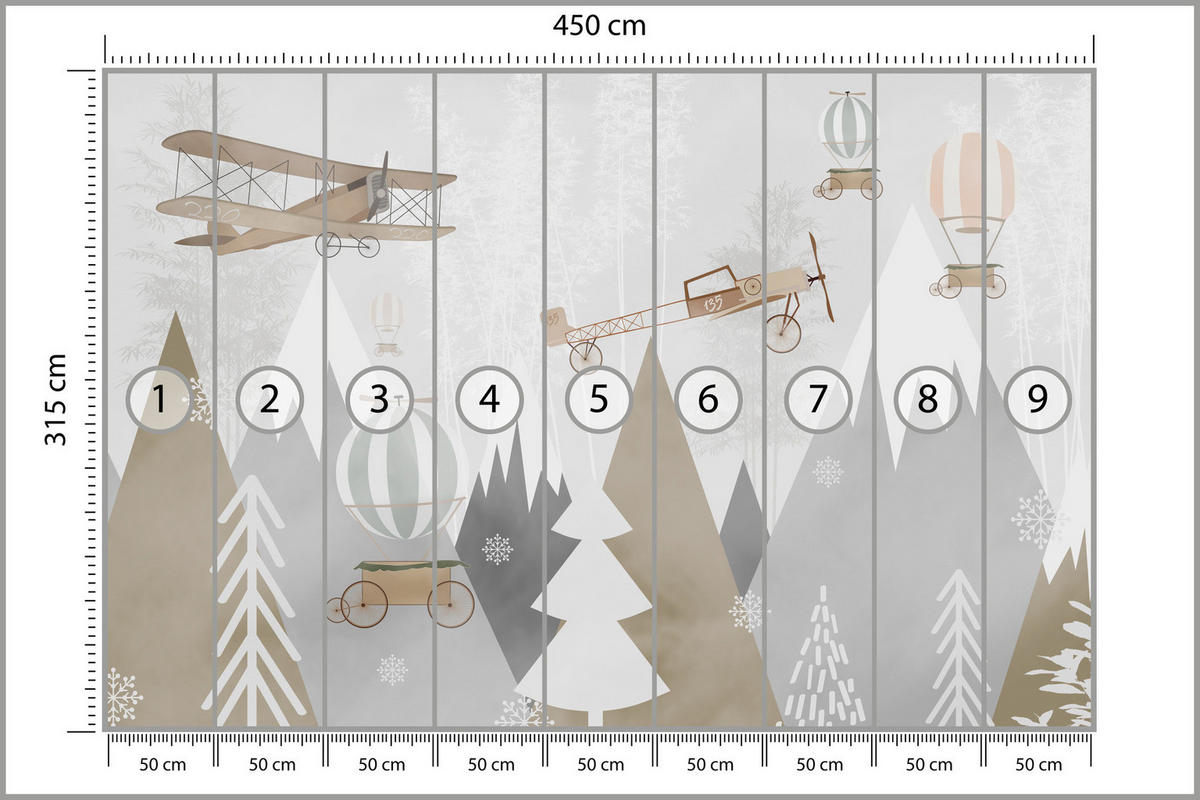 FOTOTAPETE für Kinderzimmer Flugzeuge Bergen Bäume 450x315 - Beige/Braun, Papier (450/315cm) - Muralo