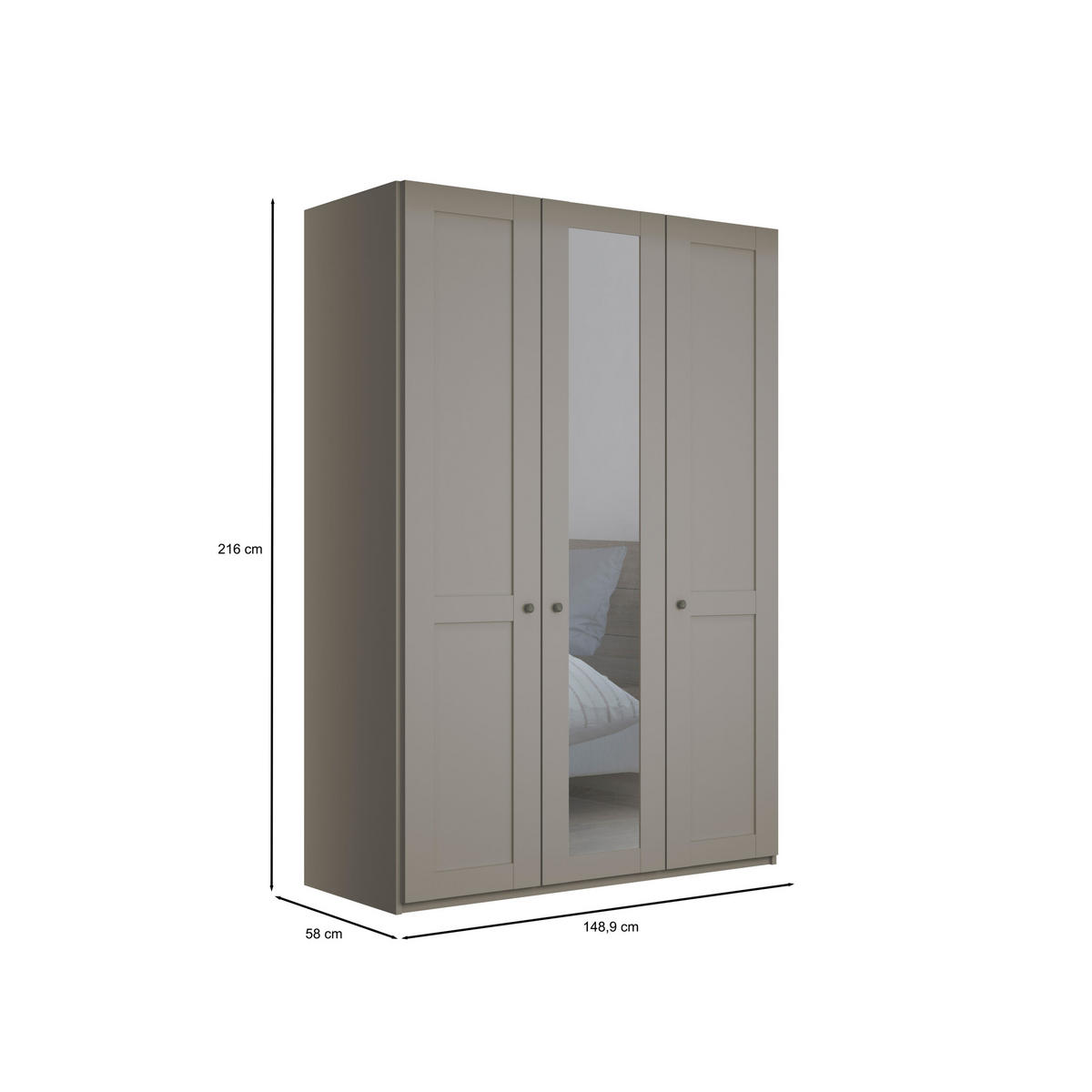 SCHLAFZIMMER Greenholm in Kieselgrau 4 teilig mit Kleiderschrank 150cm Breite mit Spiegel, Doppelbett 180x200cm, zwei Nachttisch - Grau, Holzwerkstoff (80/200/120cm)