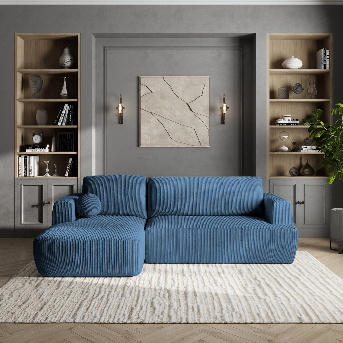 ROHOVÁ SEDAČKA SENTI modrá - modrá/černá, dřevo/textil (246/148cm) - MASSENO