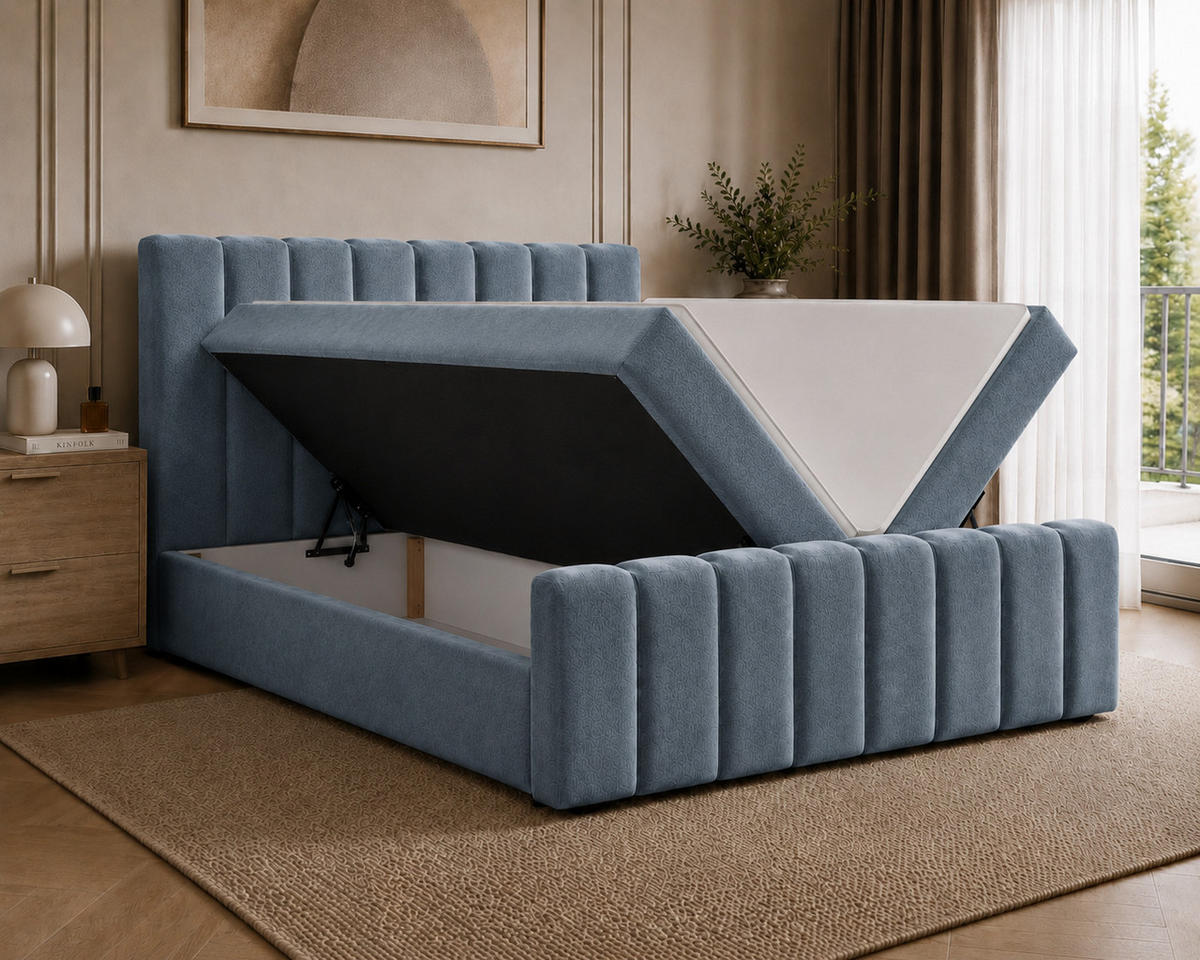 BOXBETT 01 BIS 160 x 200 cm - Vibe - Modernes Polsterbett mit Bettkasten inkl. PU-Schaum-Topper und Federmechanismus - Blau, Holz (160/200cm) - ROYAL24_MARKT
