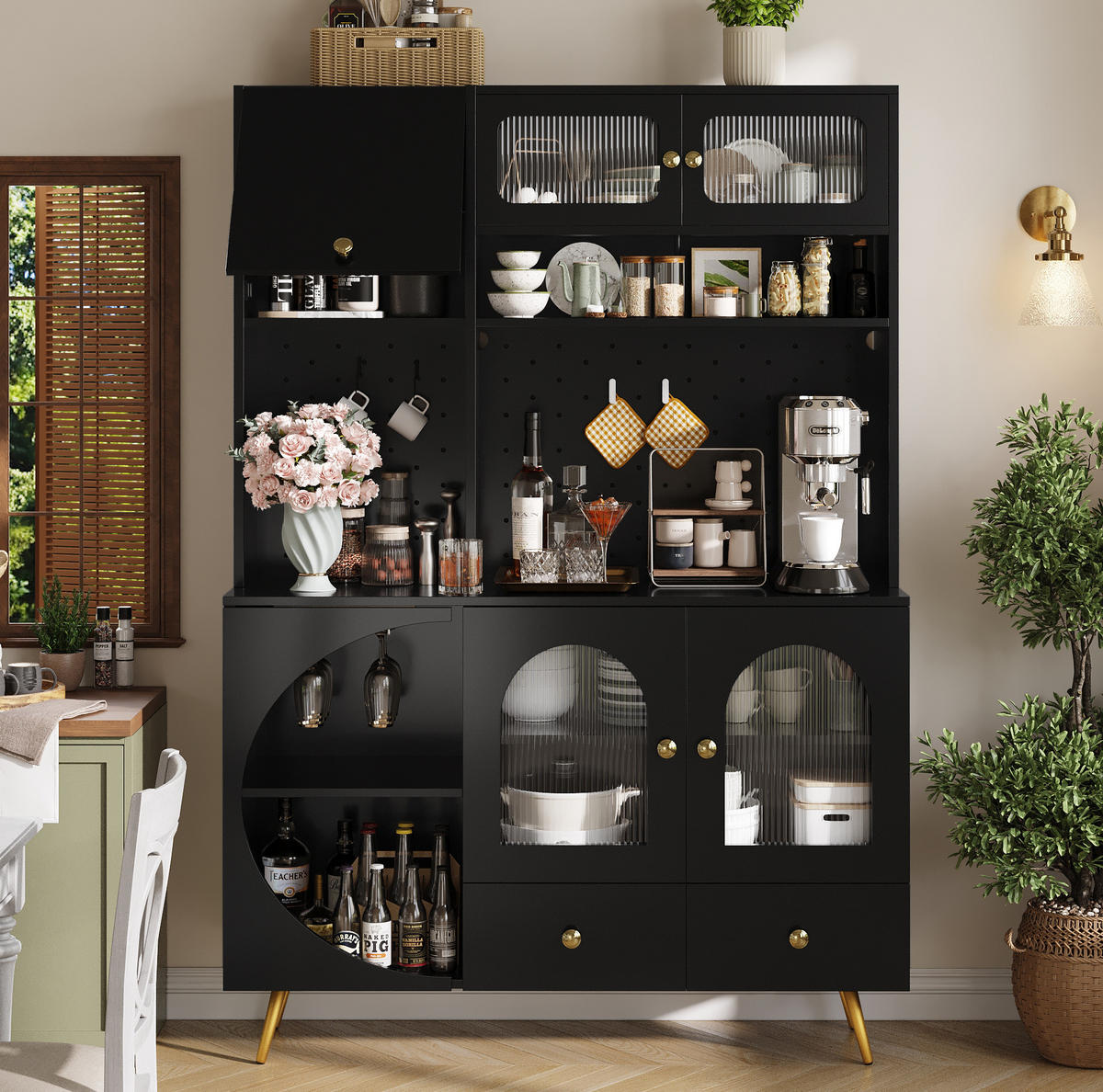 HOCHSCHRANK mit LED und Steckdosen 120 x 40 x 176 cm MDF Glas Schwarz - Schwarz, Glas (40/176/120cm) - Meubliv