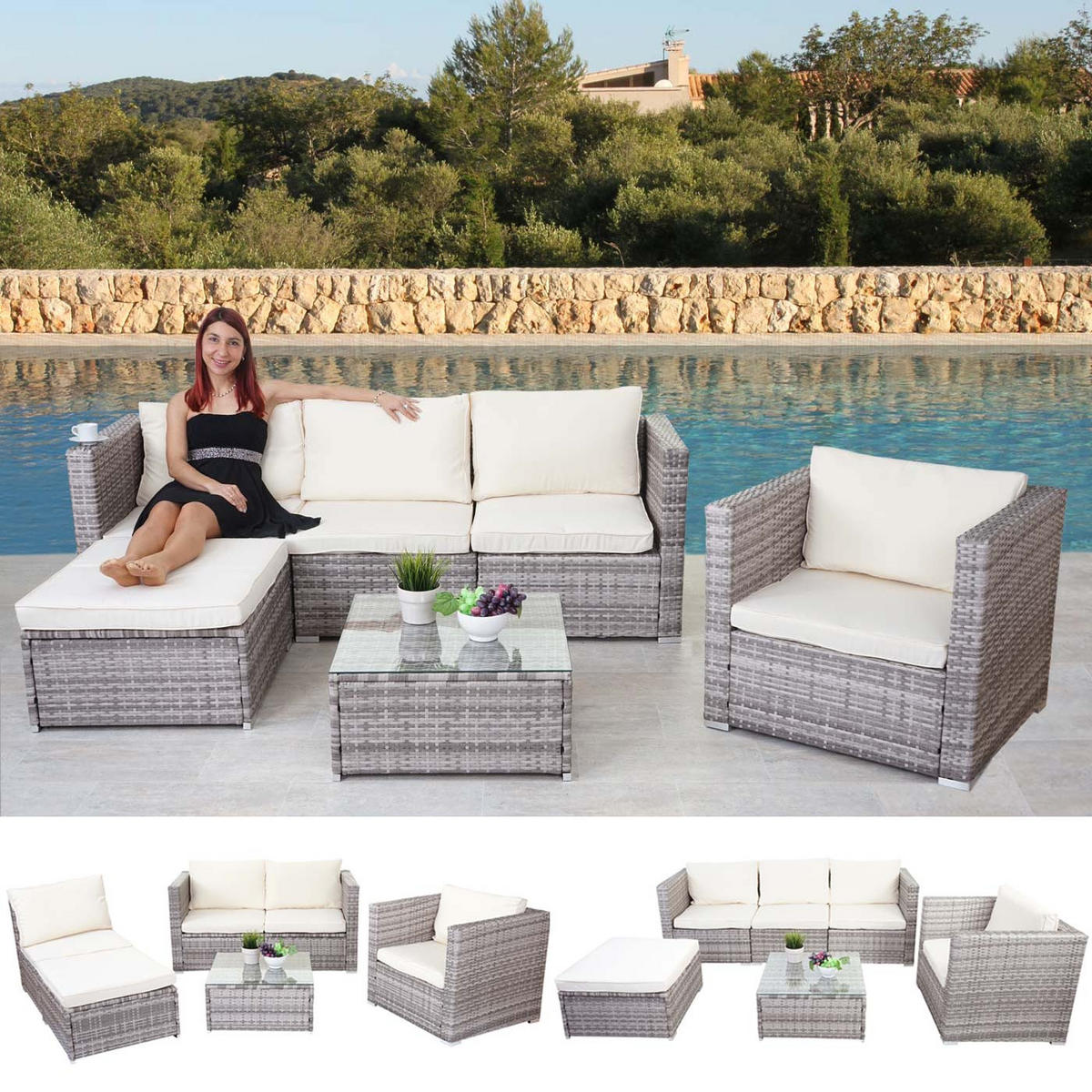 POLY-RATTAN-GARNITUR Grau, Cremeweiß - Weiß/Grau, Kunststoff - MCW