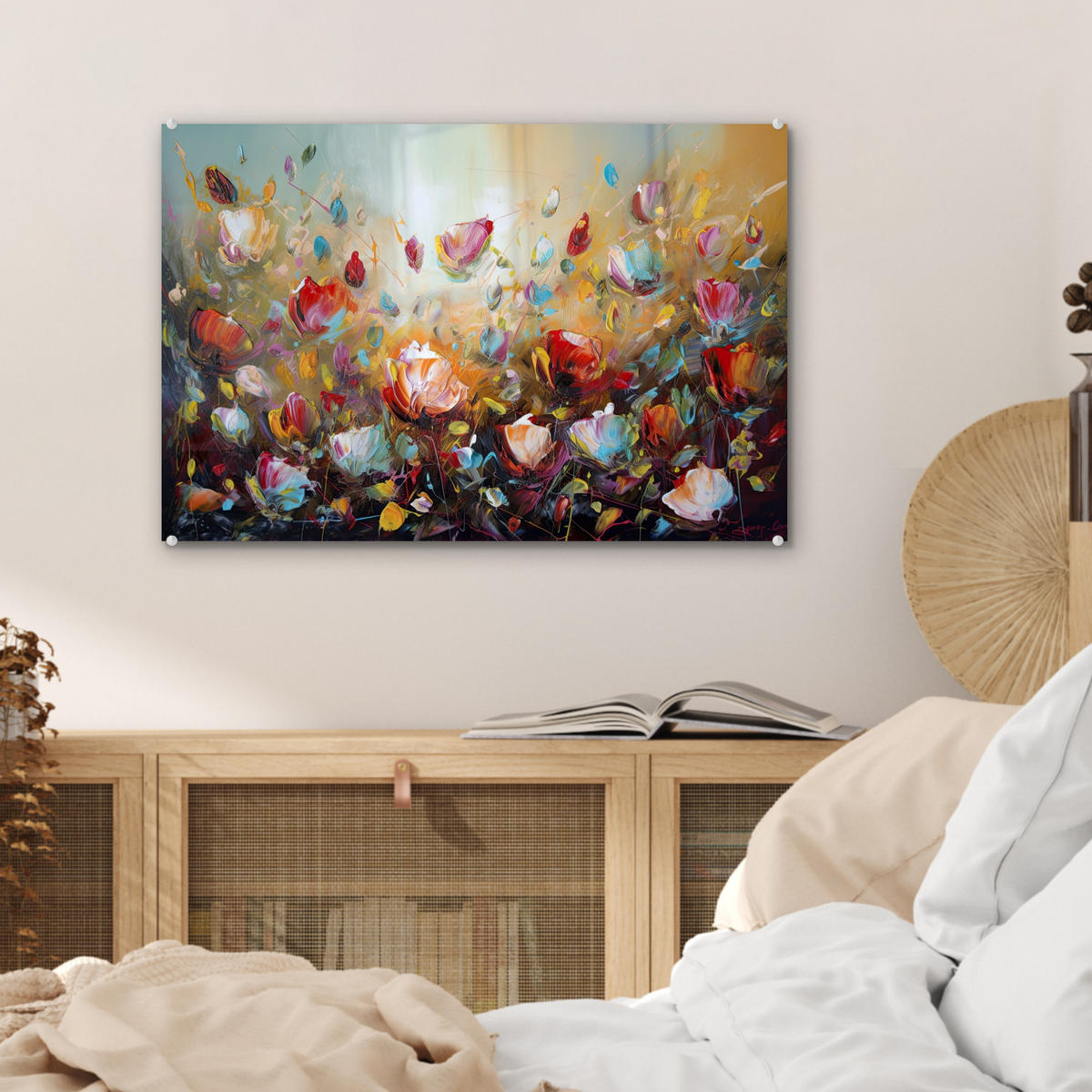 ACRYLGLASBILD Blumen - Kunst - Natur - Ölgemälde 60x40 cm - Multicolor, Glas (60/40cm) - MuchoWow