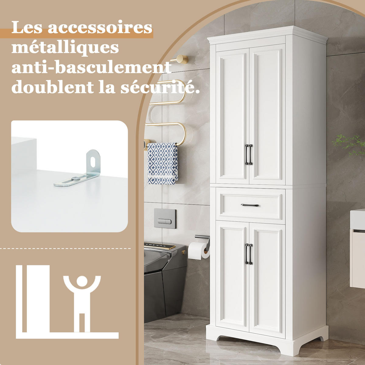 BUFFET Badschrank mit 3 Schubladen & Einlegeboden, Weiß, Einheitsgröße / MDF - Weiß, Holzwerkstoff (57.4/182/37.8cm) - EVRYAE