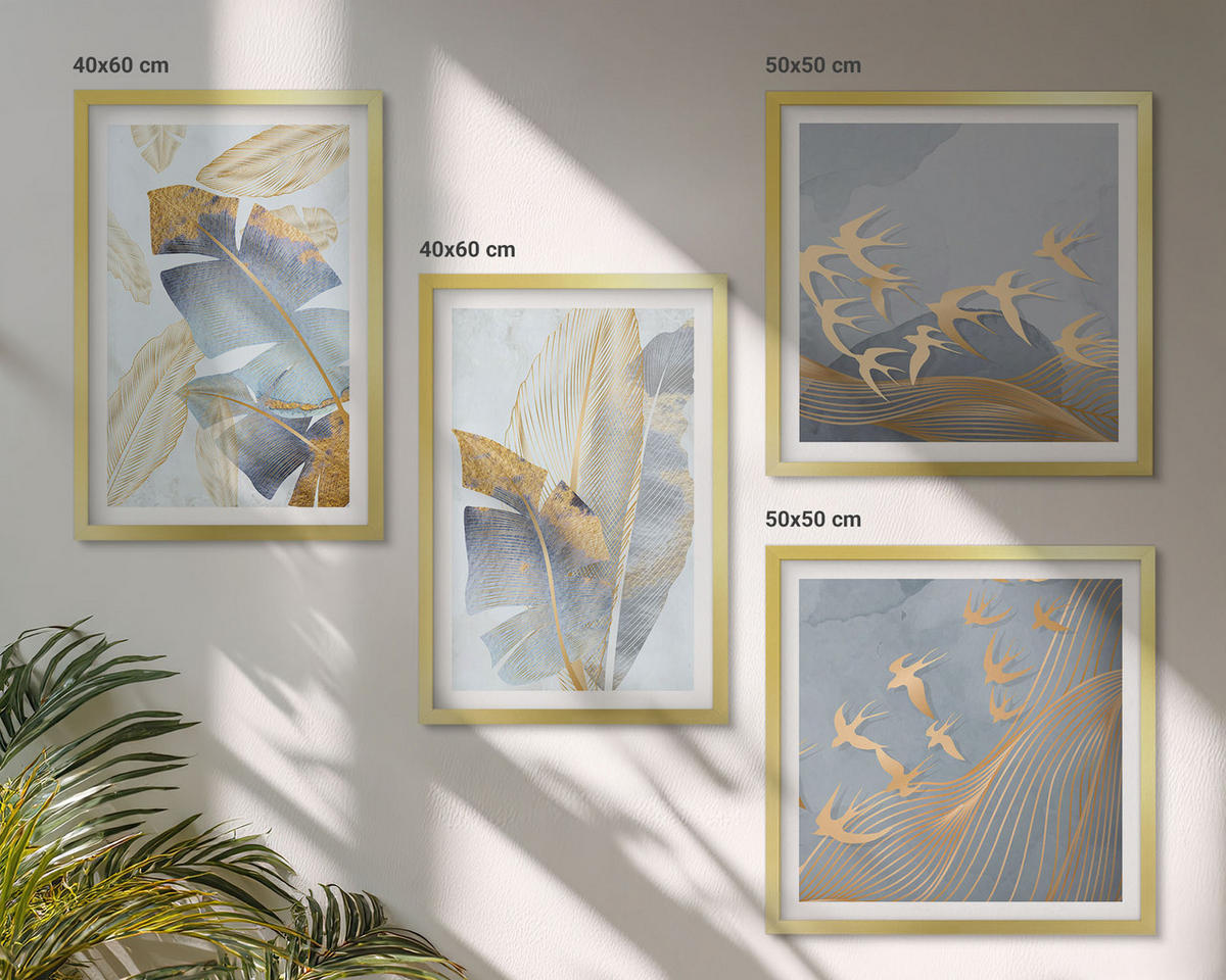 BILDER SET 4er Set - 50x50 cm & 40x60 cm Goldrahmen - Blaubeige Blätter im Hintergrund - Goldfarben, Kunststoff (50/50cm) - TULUP