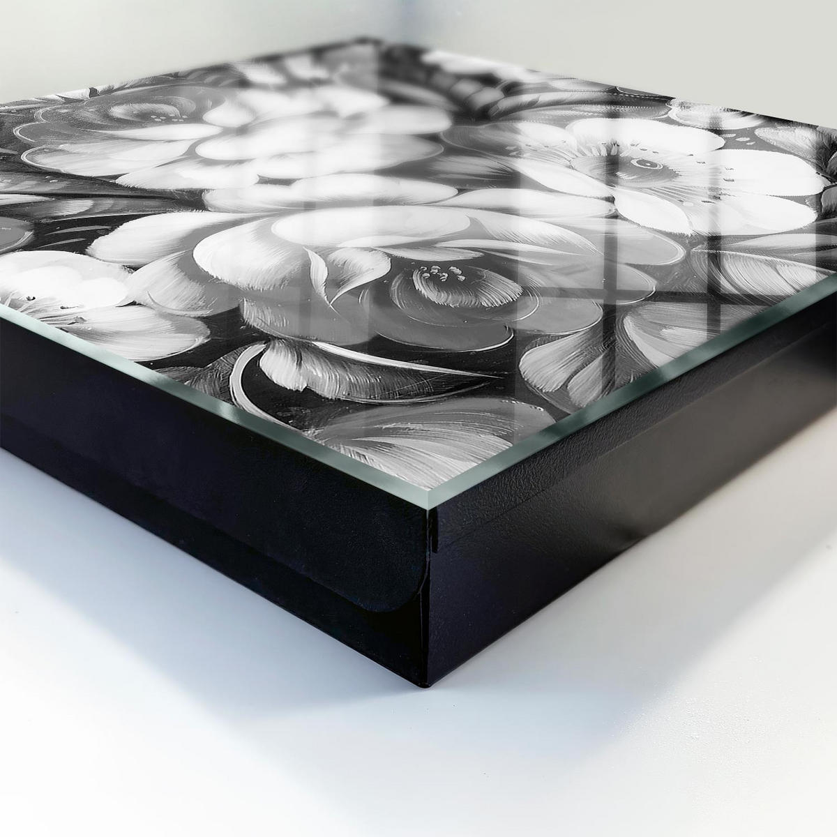 SCHLÜSSELBOX Schwarz 30x30 cm- Türöffnung nach rechts - Monochromatische Blumen - Grau, Metall (30/30/5cm) - TULUP