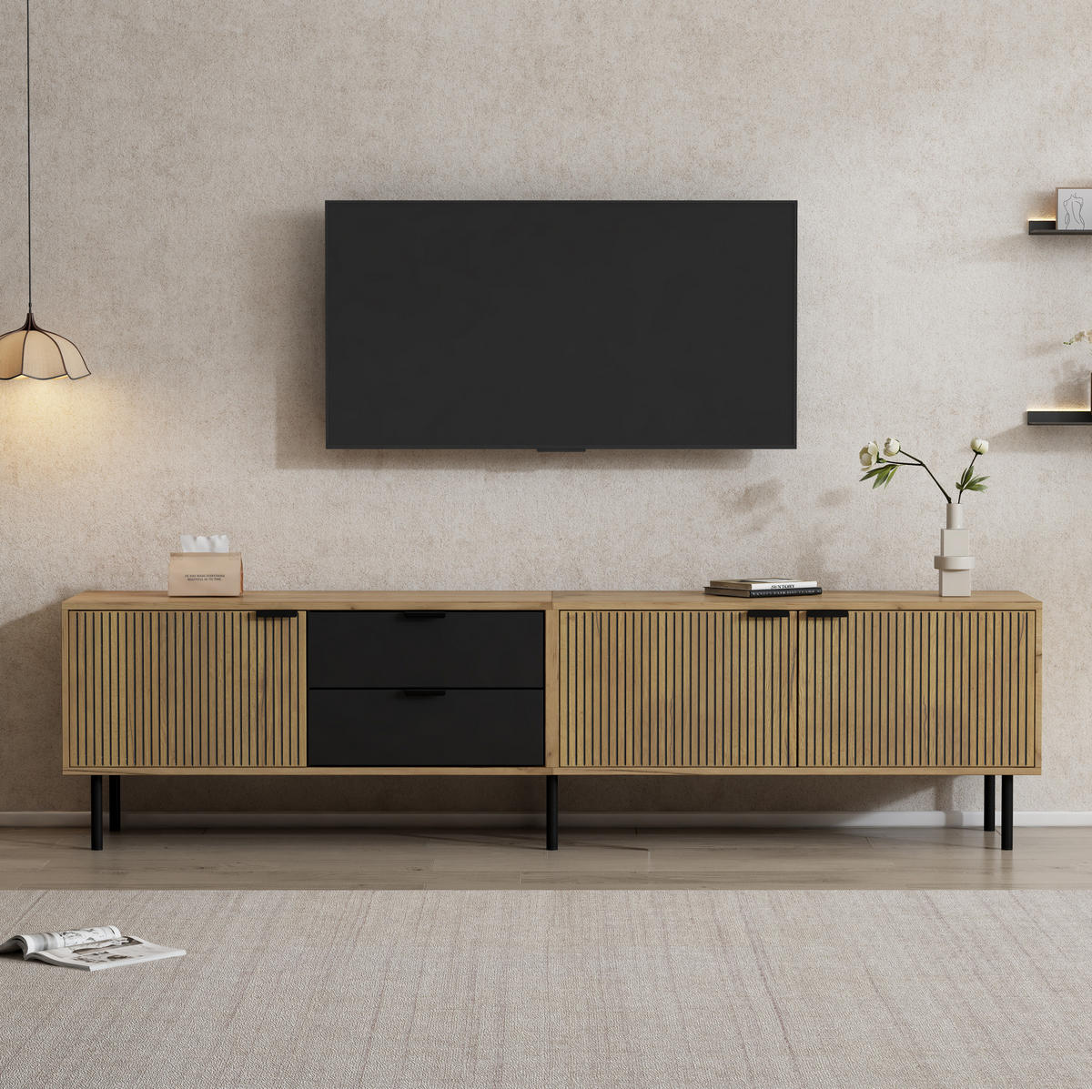 TV-LOWBOARD 208/40/48 cm schwarz/natur aus Spanplatte mit Stauraum - Schwarz, Holzwerkstoff (208/48/40cm) - OKWISH