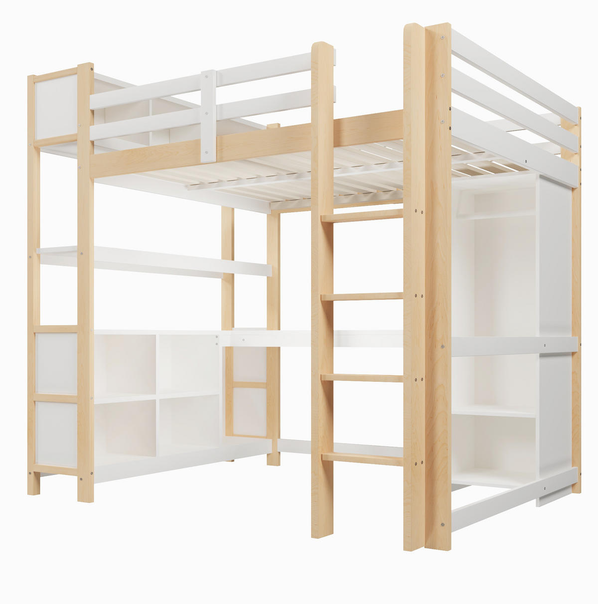 HOCHBETT 140/200 cm mit Schreibtisch, Regalen und Kleiderschrank aus Kiefern, Natur/Weiß - Weiß, Holzwerkstoff (140/200cm) - Redom