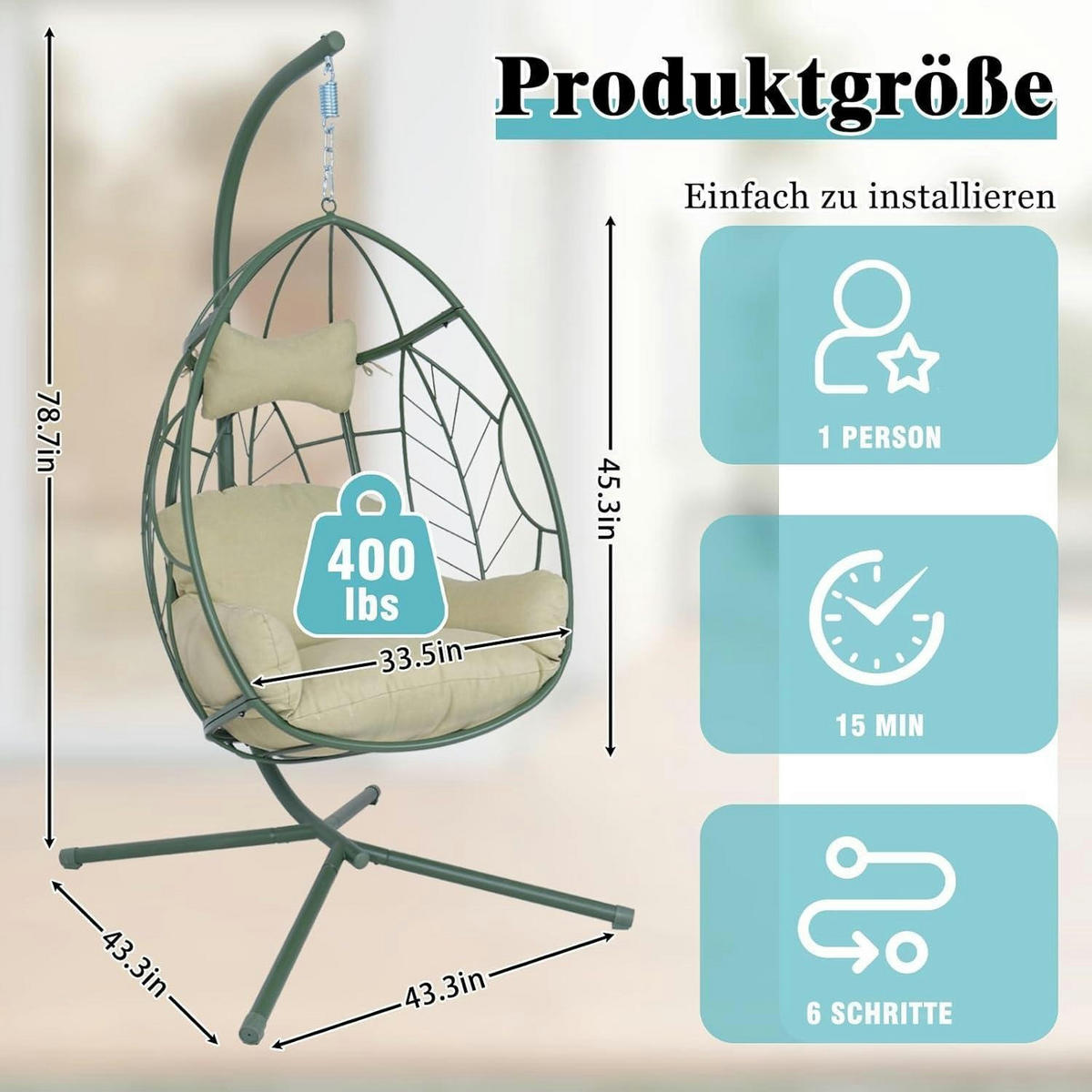 HÄNGESESSEL mit Gestell Grün 150 kg Tragkraft - Grün, Metall (110/1.5/200cm)