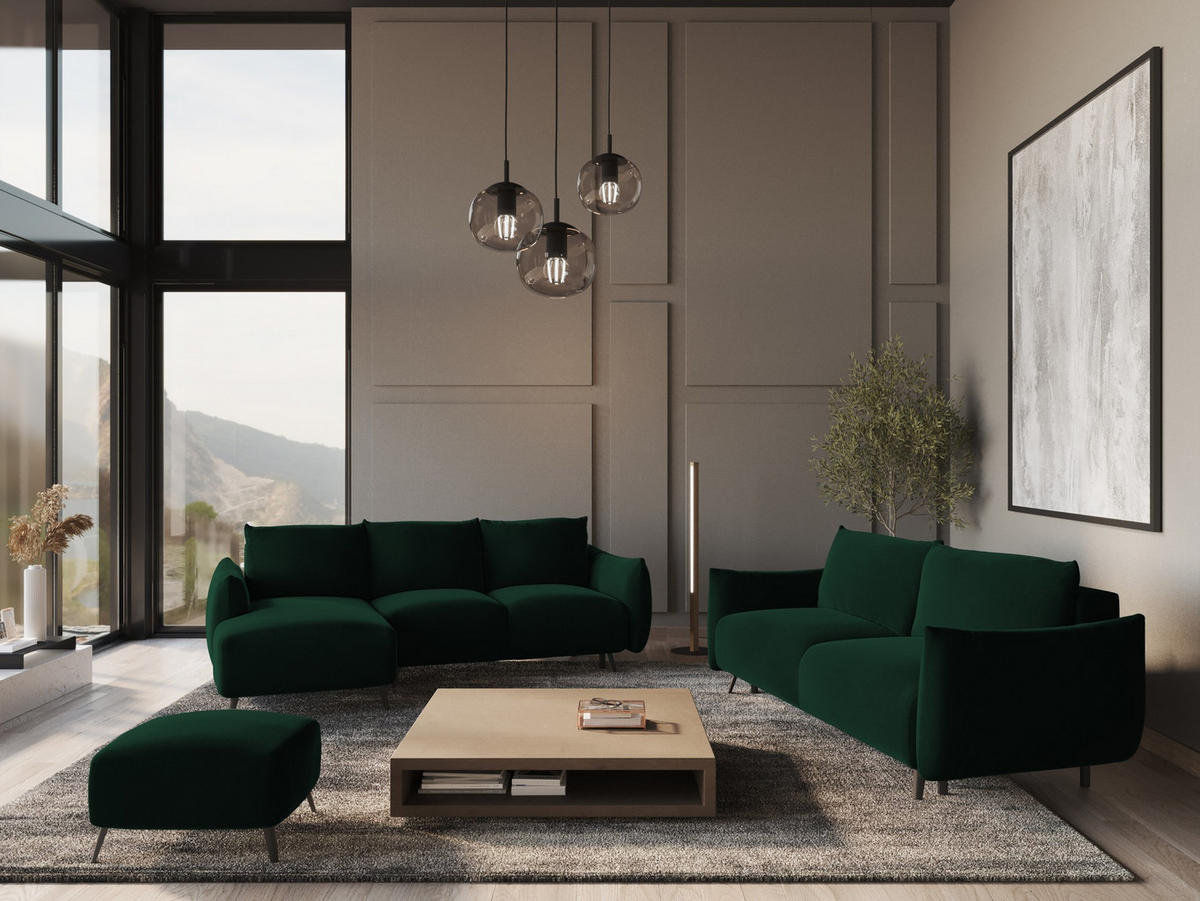 ECKSOFA mit Schlaffunktion Samt Stoff Grün - Dunkelgrün/Schwarz, Textil/Metall (162/242cm) - Makamii