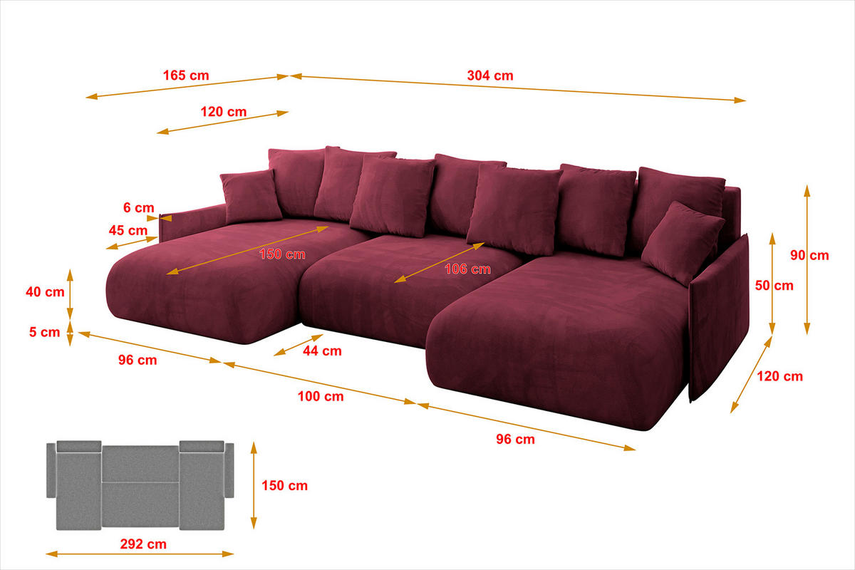 WOHNLANDSCHAFT mit Schlaffunktion und Bettkasten ONESK-U-v1 304x165x40 Bordeauxrot Velours - Bordeaux, Holzwerkstoff/Kunststoff (304/90/165cm) - ALTDECOR