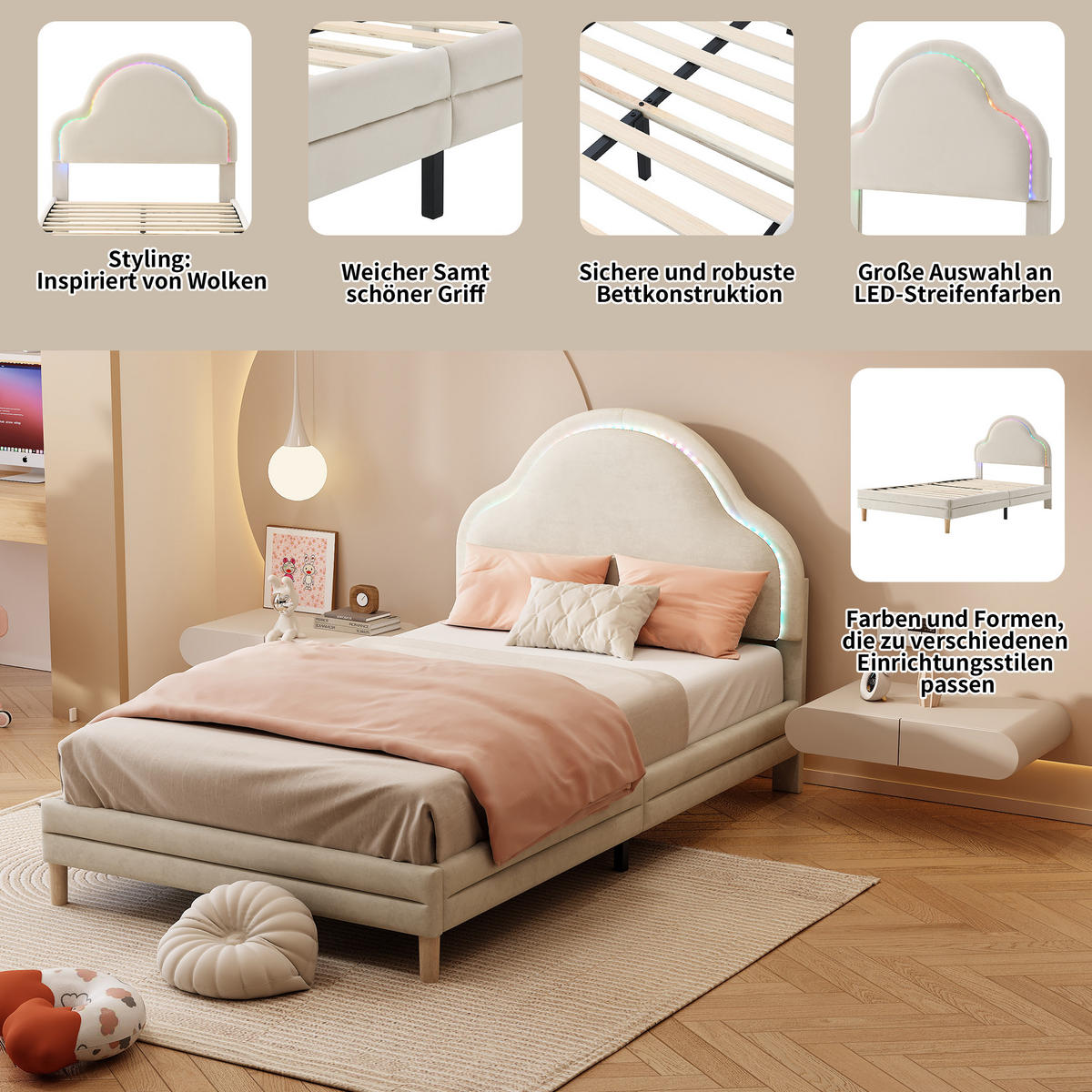 POLSTERBETT 90/200 cm Beige mit wolkigem Kopfteil und LED-Beleuchtung aus Samt - Beige, Textil (90/200cm) - OKWISH
