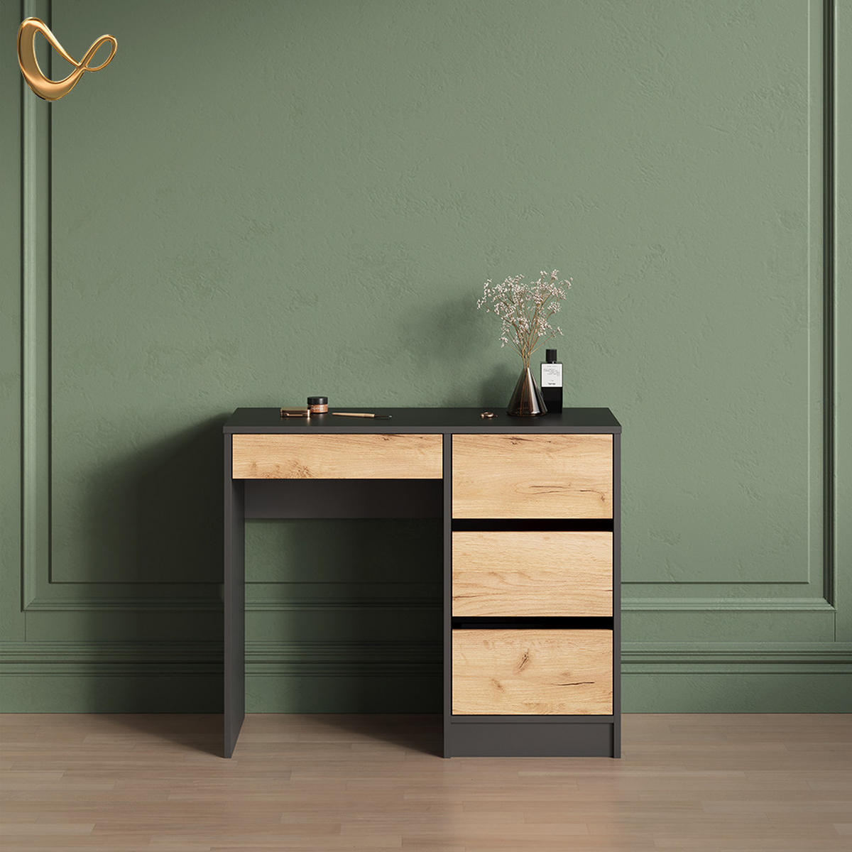 SCHMINKTISCH Imola Anthrazit/Goldkraft Eiche ohne Spiegel - Anthrazit/Eiche Wotan, Holzwerkstoff (55/120/75cm) - Livinity®