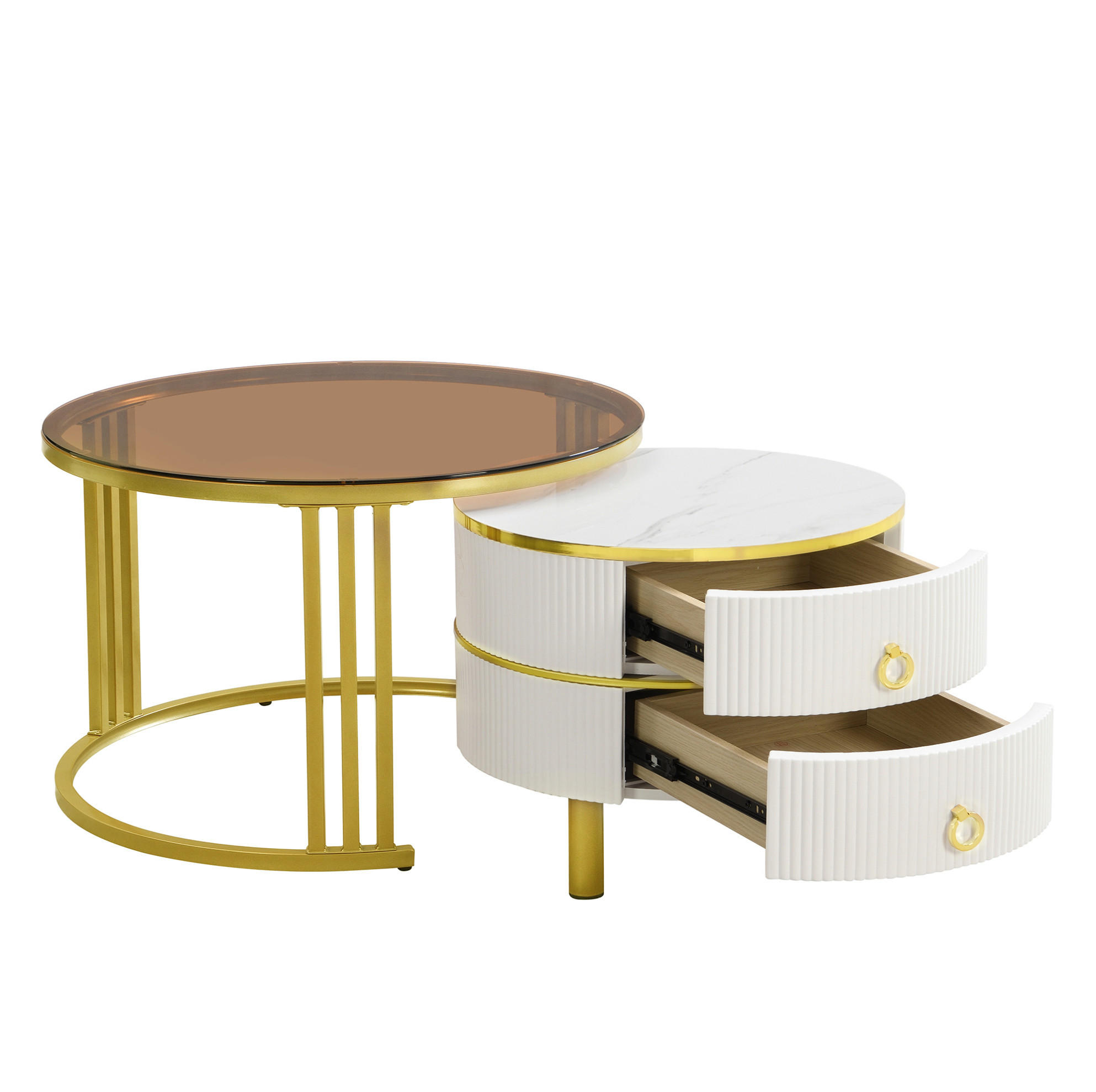 COUCHTISCH-SET 2-teilig, rund, MDF & Hartglas, 2 Schubladen, 70/70/45 + 50/50/40 cm，Weiß - Weiß, Holzwerkstoff (70/70/45cm) - Redom