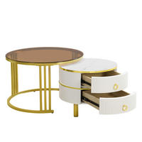 COUCHTISCH-SET 2-teilig, rund, MDF & Hartglas, 2 Schubladen, 70/70/45 + 50/50/40 cm，Weiß - Weiß, Holzwerkstoff (70/70/45cm) - Redom
