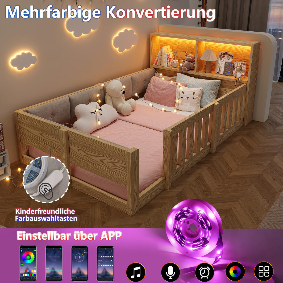 FLACHBETT 90x200cm Gitter Kinderbett LED Natur - Naturfarben, Holzwerkstoff (90/200cm) - FLIEKS