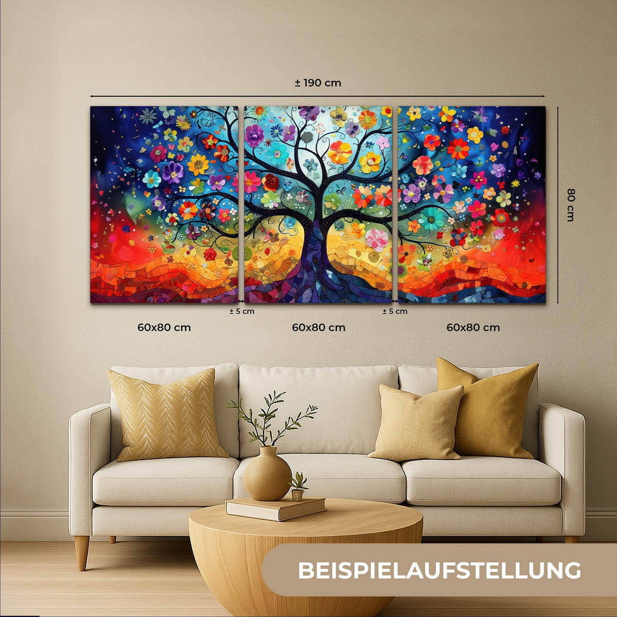 LEINWANDBILD 3er Set Bunt - Baum des Lebens - Blumen - Abstrakt 180x80 cm - Blau, Textil (180/80cm) - MuchoWow