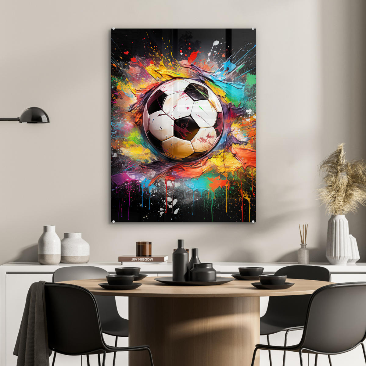 ACRYLGLASBILD Fußball - Farbe - Farben - Schwarz - Weiß 60x80 cm - Weiß, Glas (60/80cm) - MuchoWow