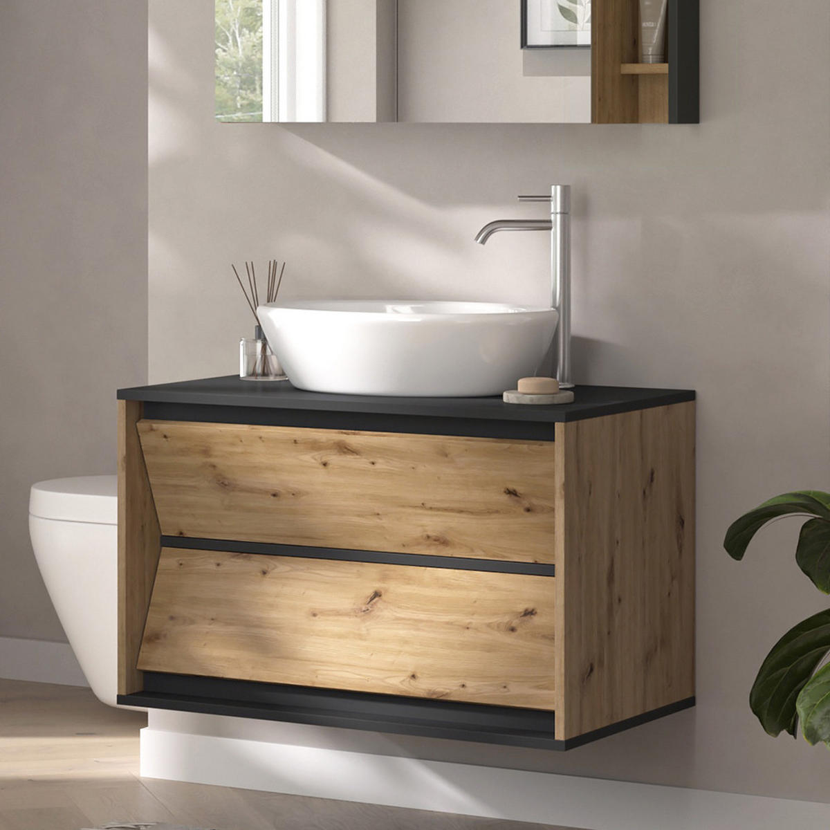 WASCHBECKENUNTERSCHRANK Edelin Anthrazit/Artisan 80 x 50 cm mit 2 Schubladen - Anthrazit/Eiche Artisan, Holzwerkstoff (80/50/45cm) - Vicco