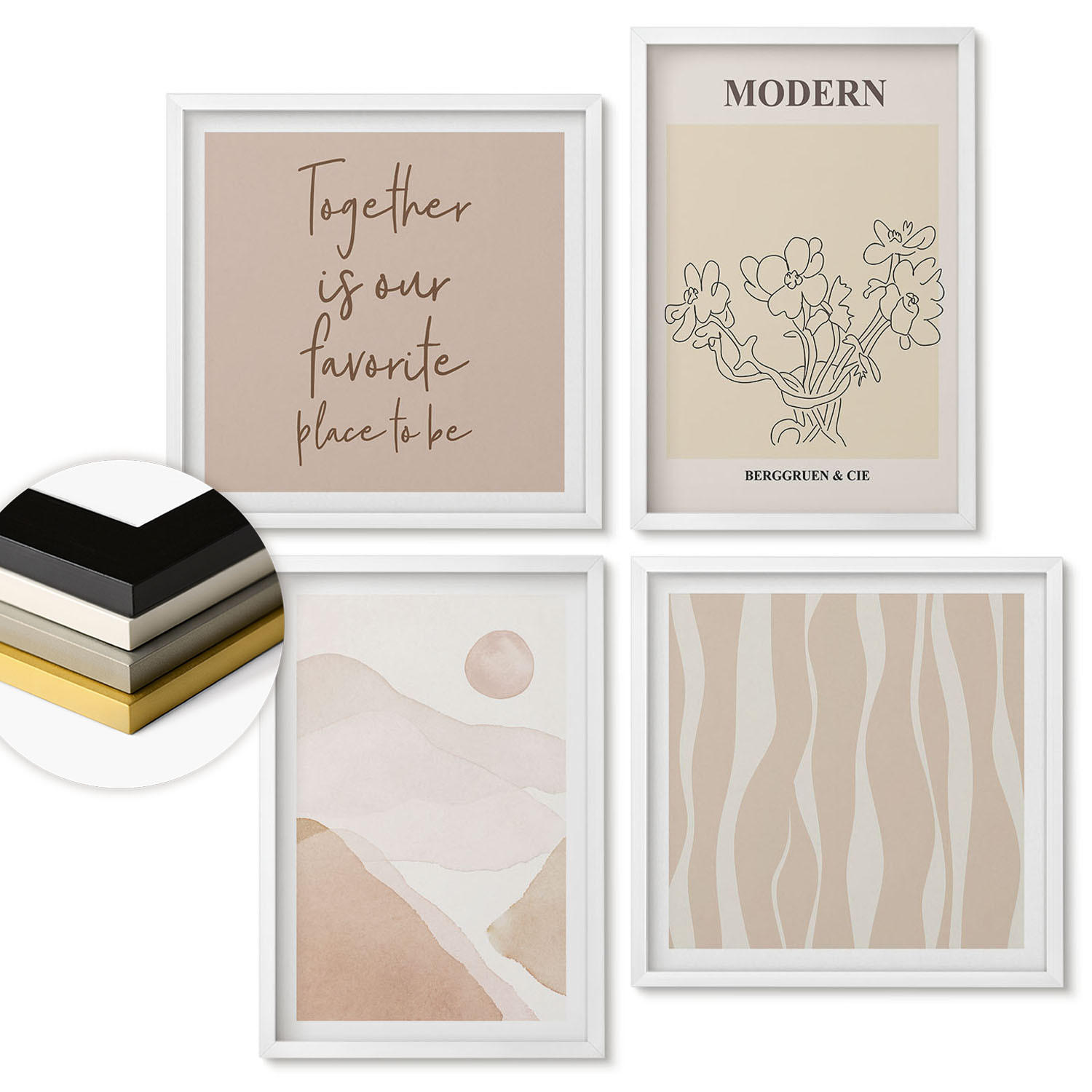 WANDBILDER 4er-Set - 50x50 cm & 40x60 cm Weißer Rahmen - Abstrakte Formen und Farben - Weiß, Kunststoff (50/50cm) - ArtPrintCave
