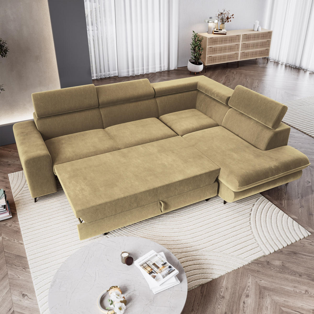 ECKSOFA VELISS Currygelb Veloursstoff mit Schlaffunktion - Currygelb, Holz (255/193cm) - MASSENO