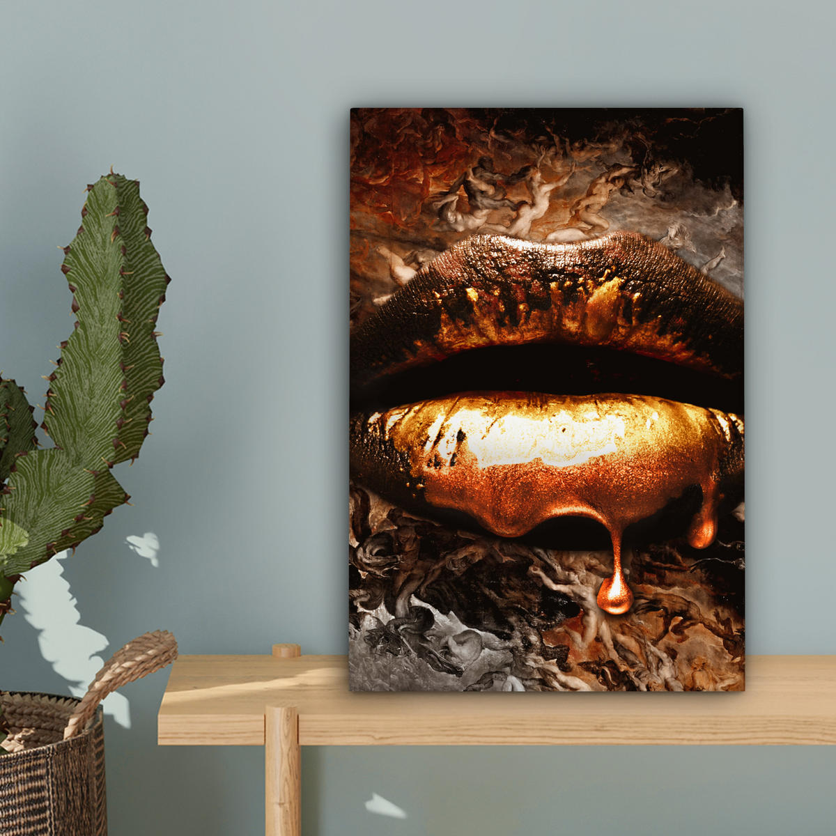LEINWANDBILD Gold - Lippen - Kunst - Gold - Luxus - Abstrakt Deko Wohnzimmer 20x30 cm - Kupferfarben, Textil (20/30cm) - MuchoWow