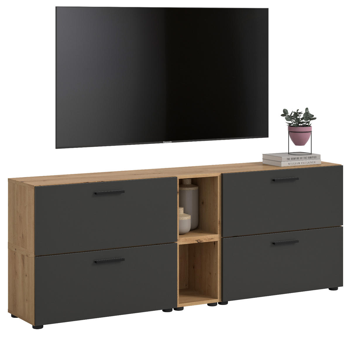 TV-LOWBOARD grau, Eiche Artisan 176 cm, Fernsehtisch hängend / stehend mit Soft-Close - Schwarz/Eiche Artisan, Holzwerkstoff/Kunststoff (176/67/34cm) - Inn.Furn